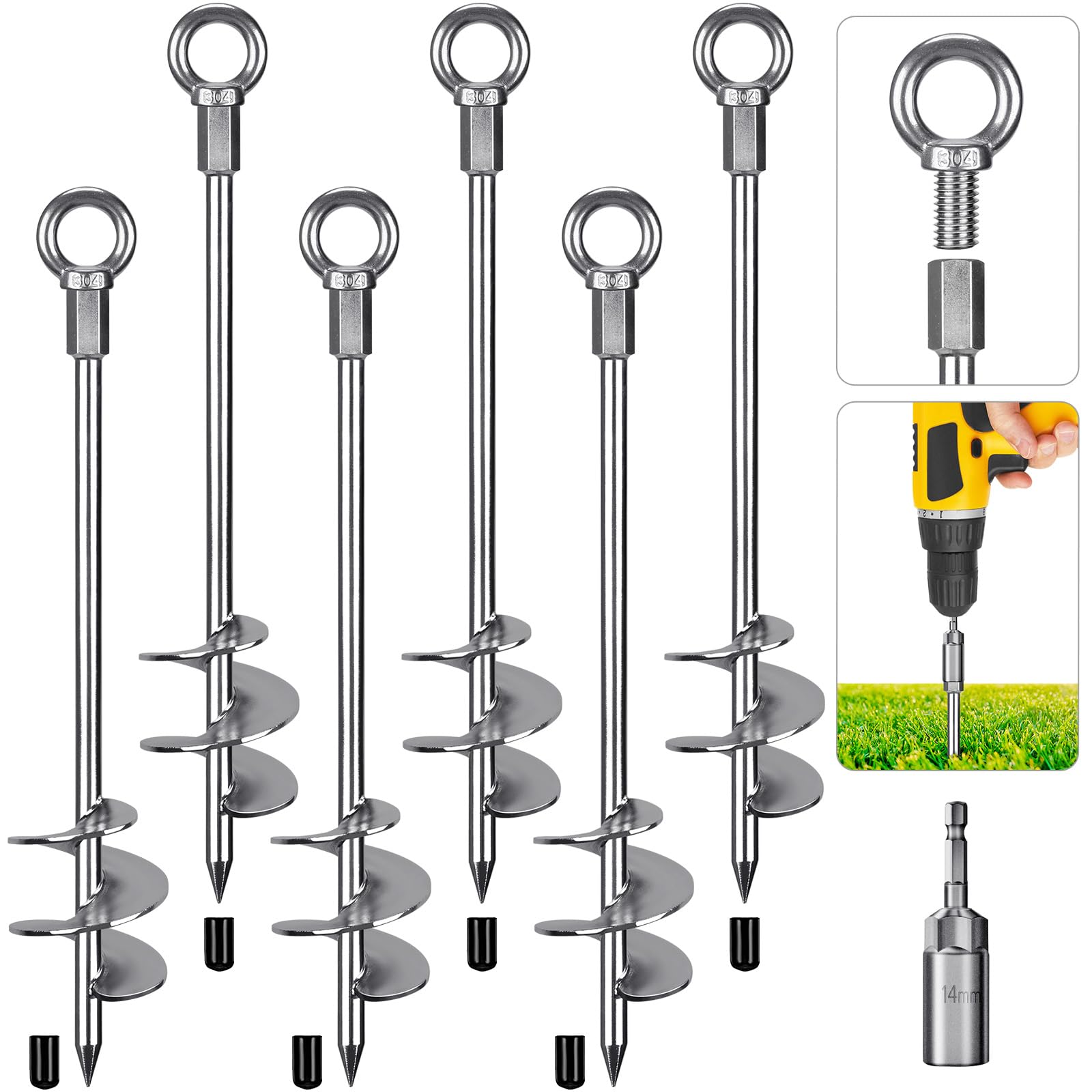Dolibest Tent Peg Heavy Duty, 46cm Ground Anchor Screw Trampoline Stake Metal Earth Sand Spiral Wind Storm Spike for Swing/Camping/Shed/Dog/Carport/Canopy with Fixed Eyelet, 6 Pack — image 1