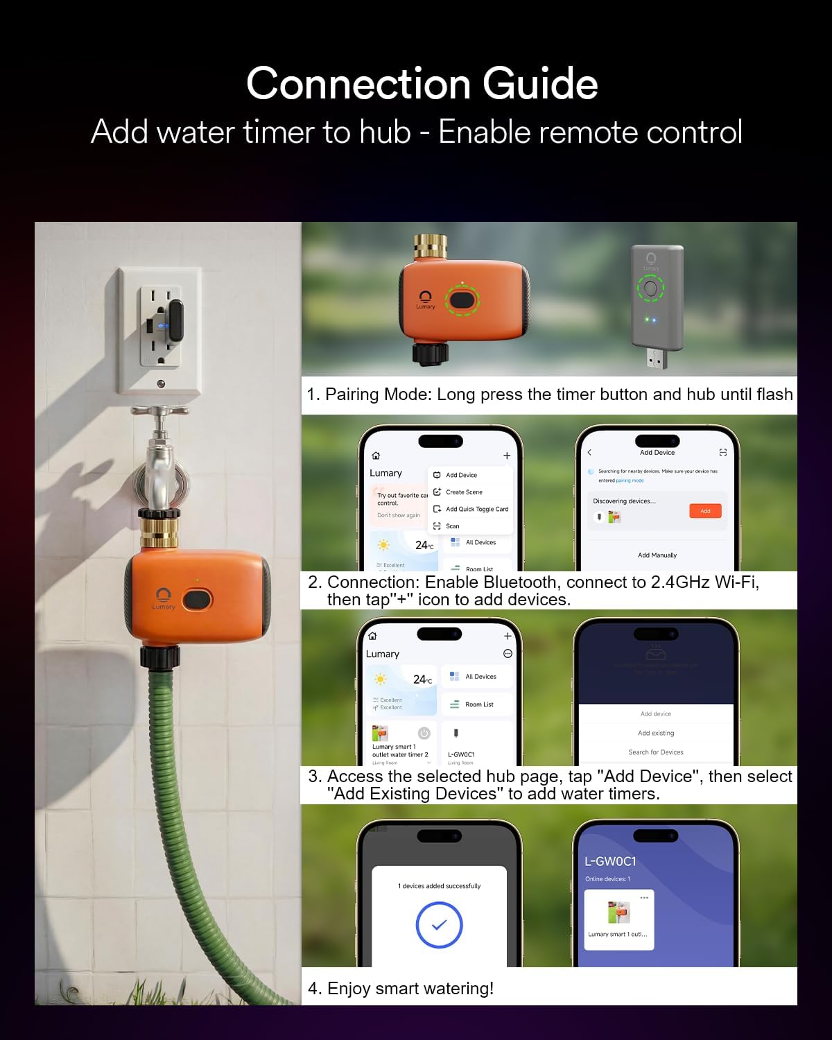 Lumary WiFi Water Timer for Garden Hose with Hub, Battery Sprinkler Timer for Watering Brass Inlet Outdoor, Rain Delay/Remote/Manual/Auto Drip Irrigation System Programmable Faucet, Work with Alexa