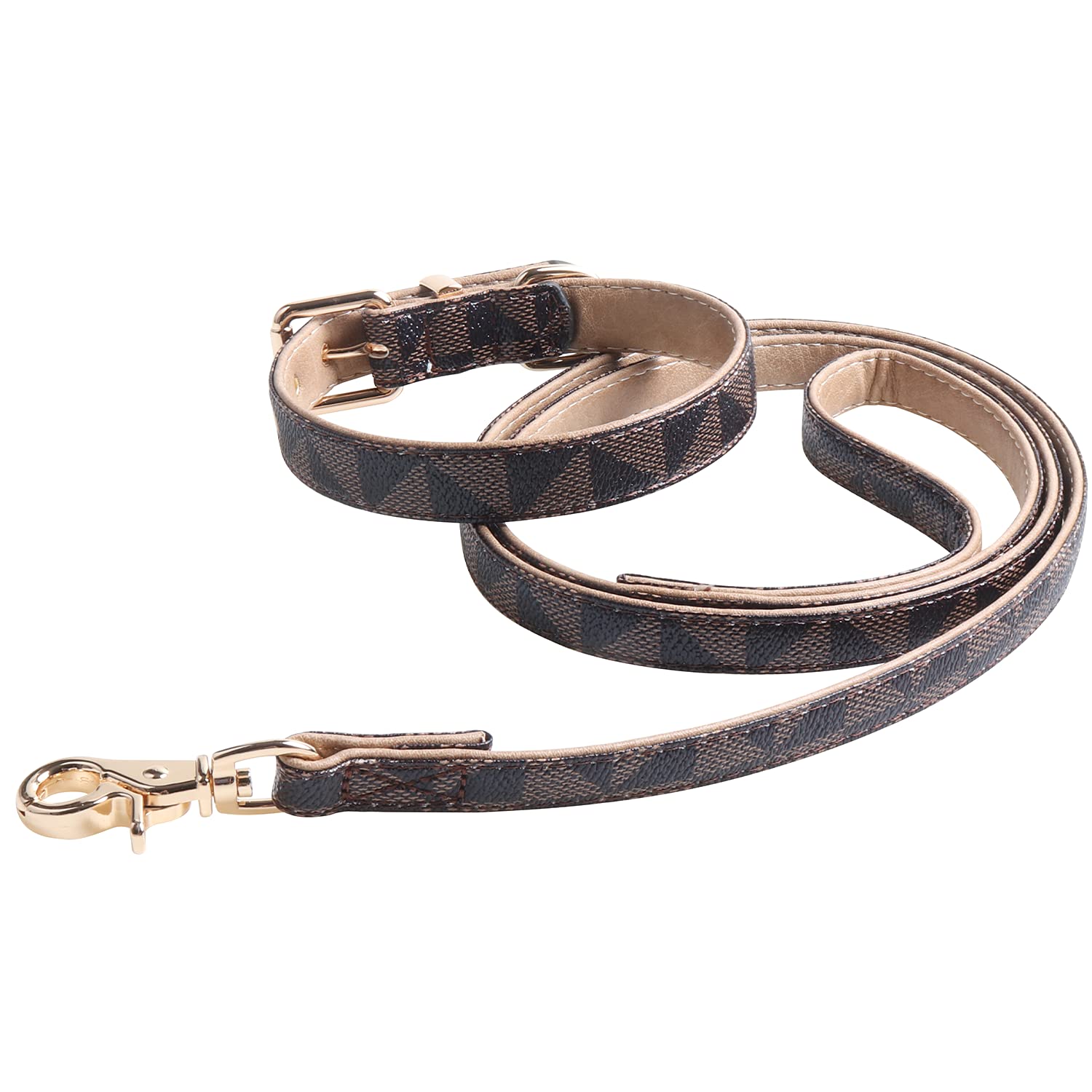 Dog Leather Collar and 4 ft Leash, KUDES Adjustable Basic Collar with Bell Checkered Pattern Durable Leather Collar and Leash with Metal Buckle for Small Medium Large Dogs