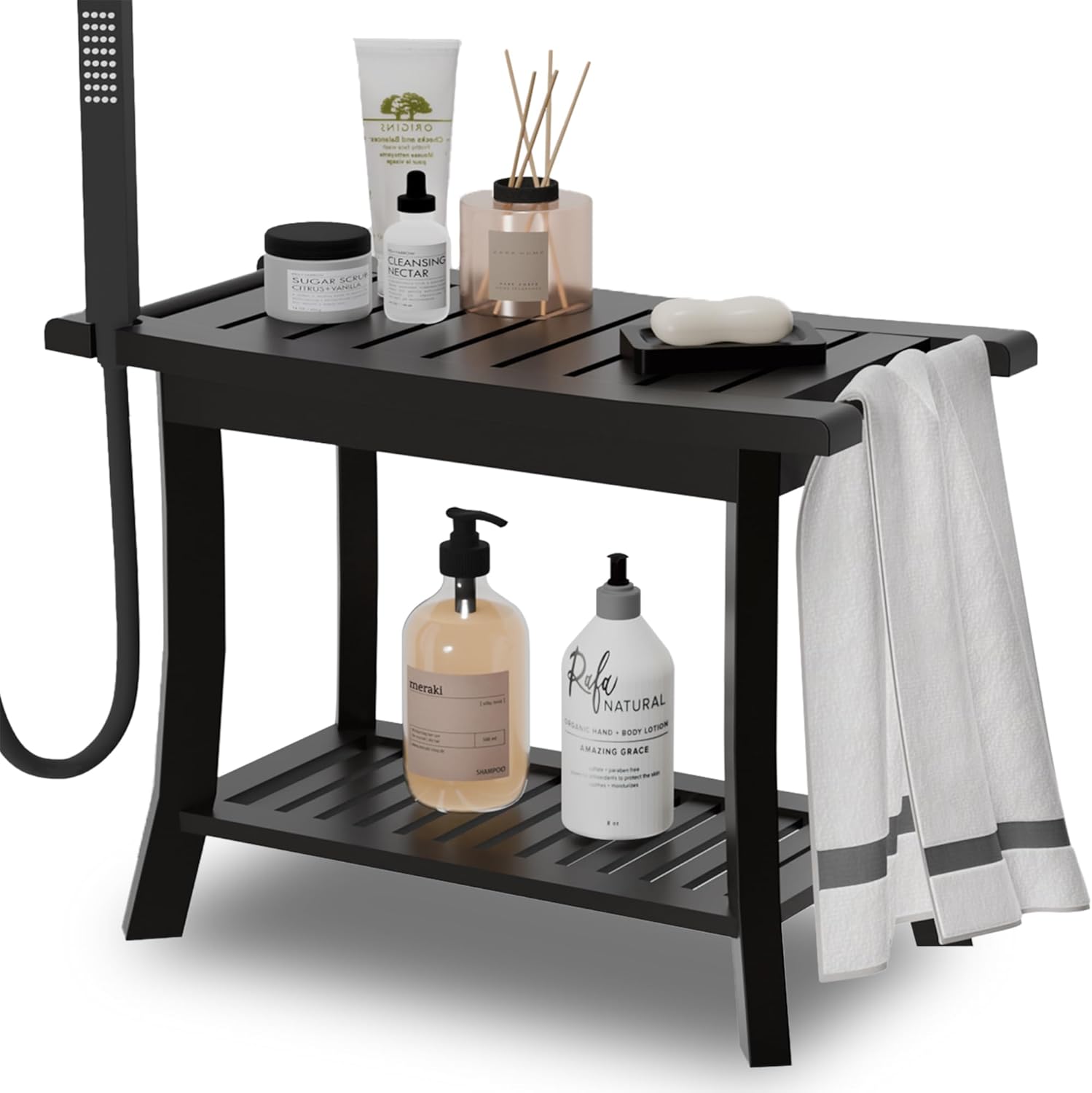 Bamboo Shower Stool, Bathtub Bench Chair with Storage Bench, Non-Slip Bath Seat for Elderly, Kids, Adults, Waterproof Sturdy Bamboo Bathroom Stool for Shower, Bathtub, Sauna, Toilet (Black)