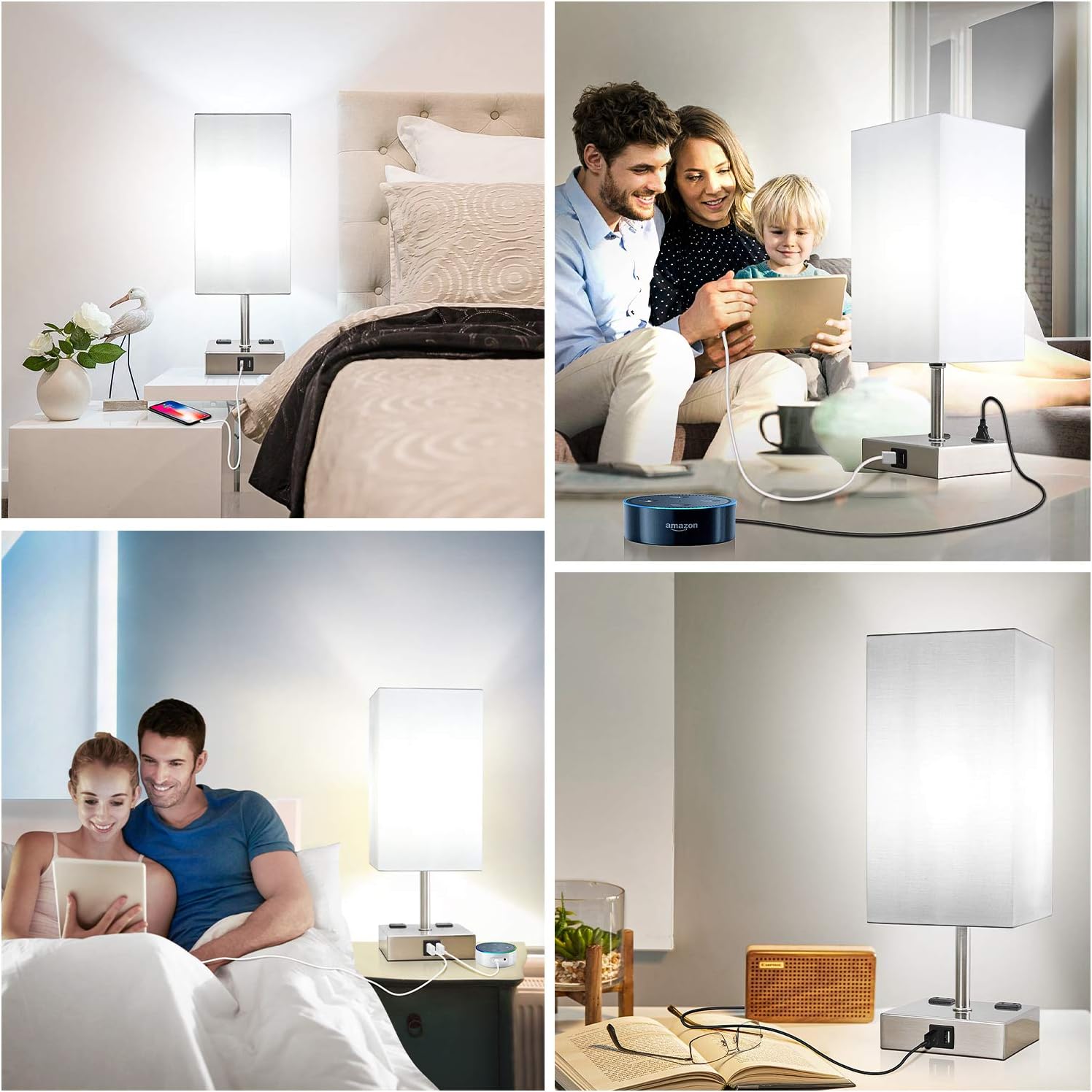 Touch Control Table Lamp, 3-Way Dimmable Nightstand Lamps with 2 USB Ports & AC Outlets, Modern Bedside Desk Lamps with White Fabric Shade for Bedroom Living Room Office, 60W 5000K LED Bulbs Included