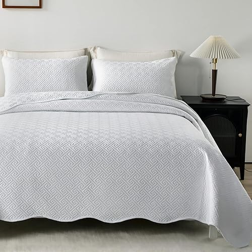 Miniatura 2 de Subcosy Juego de edredón tamaño matrimonialQueen color blanco puro 3 piezas colcha ligera suave decoración de cama para todas las estaciones 90 x 96