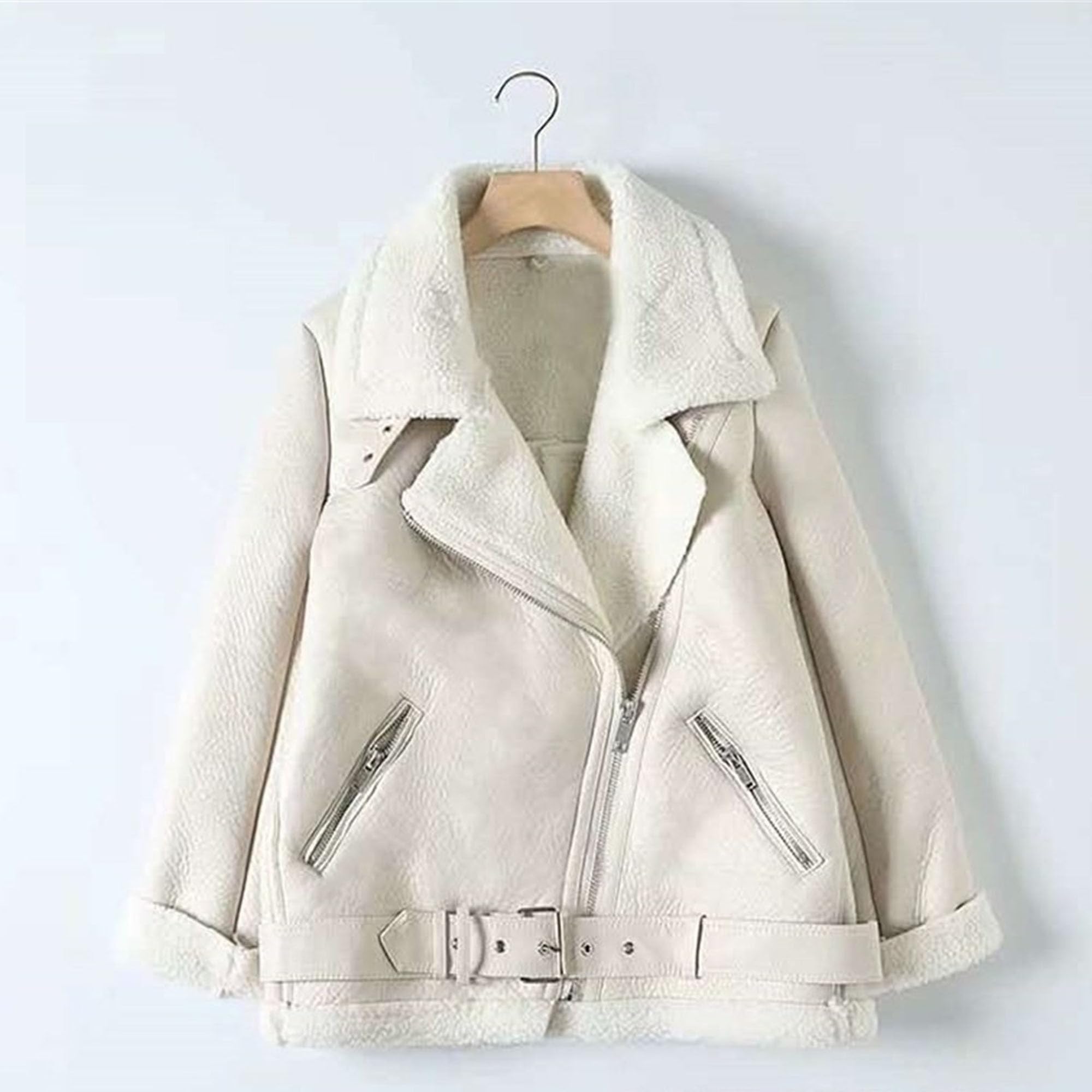 DGKaxiyaHM Abrigo de aviador con forro de invierno para mujer, de piel sintética, cálido, chaqueta de motociclista, ajuste regular, ropa de abrigo con cinturón, beige, S