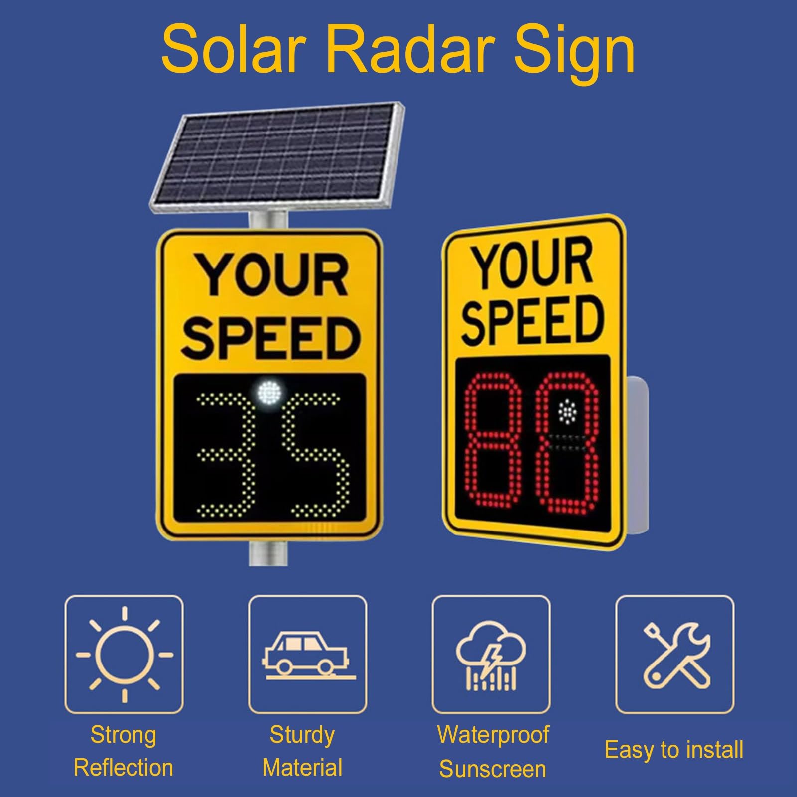 Señal de visualización de velocidad de radar alimentada por energía solar con indicador de límite de velocidad intermitente, tablero de advertencia de carretera de aluminio, señal de límite LED