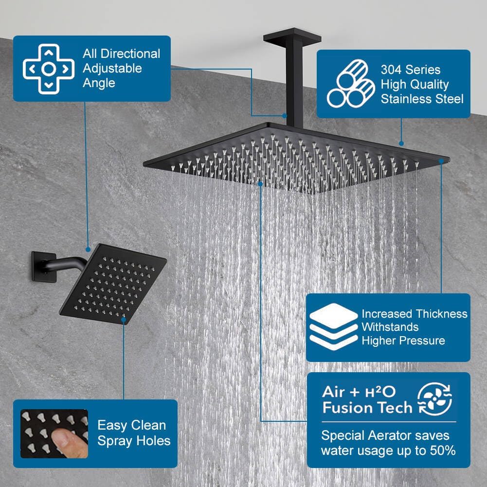 POP SANITARYWARE Matte Black Shower Faucet Set Bathroom Rainfall Shower System, Ceiling Mount 12 Inch Shower Head with 6 Inch Wall Mount Shower Head and Handle Set, Include Shower Valve and Trim Kit