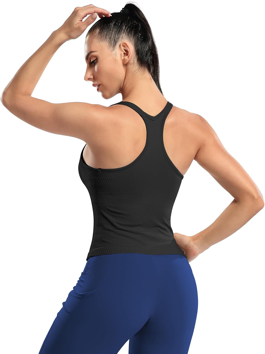 ATTRACO Women Ribbed Workout Crop Tops with Built in Bra Yoga Racerback Tank Top Tight Fit - Image 4