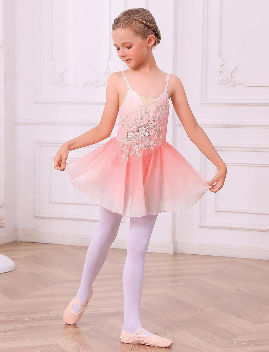 ODASDO Girl Ice Figure Skating Dress Ballett Dance Leotards Gymnastics Sequin Flower Gradient Chiffon Skirt for Competition