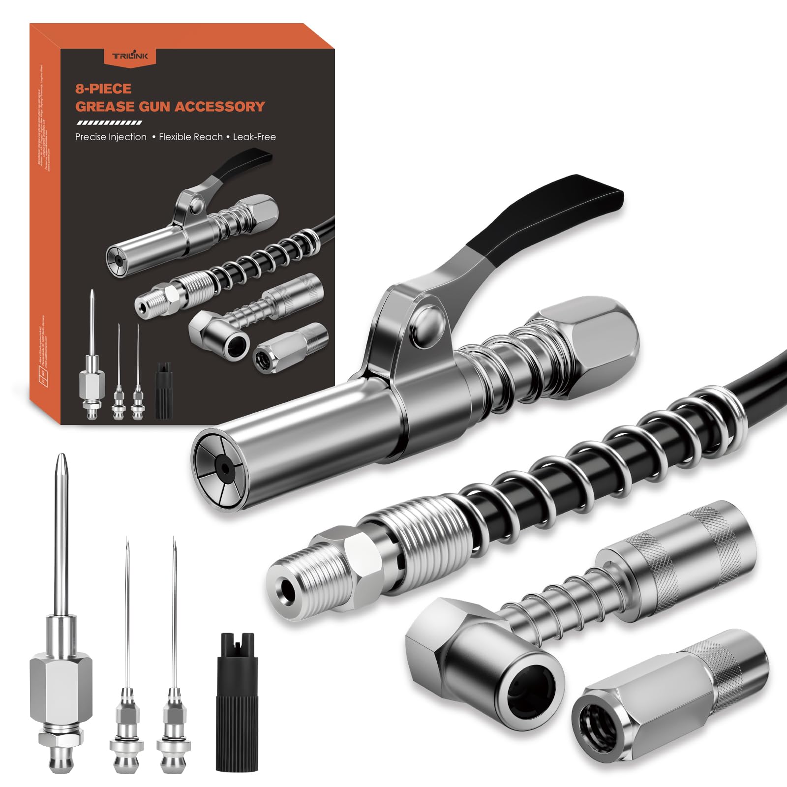 TRILINK Fettpresse Mundstück Set – 8-teiliges Zubehörset mit Schnellkupplung, 90° Adapter, 30 cm Schlauch, Fettpressenkupplung, Nadelaufsatz & Reiniger – Universelles Mundstück Fettpresse Kit