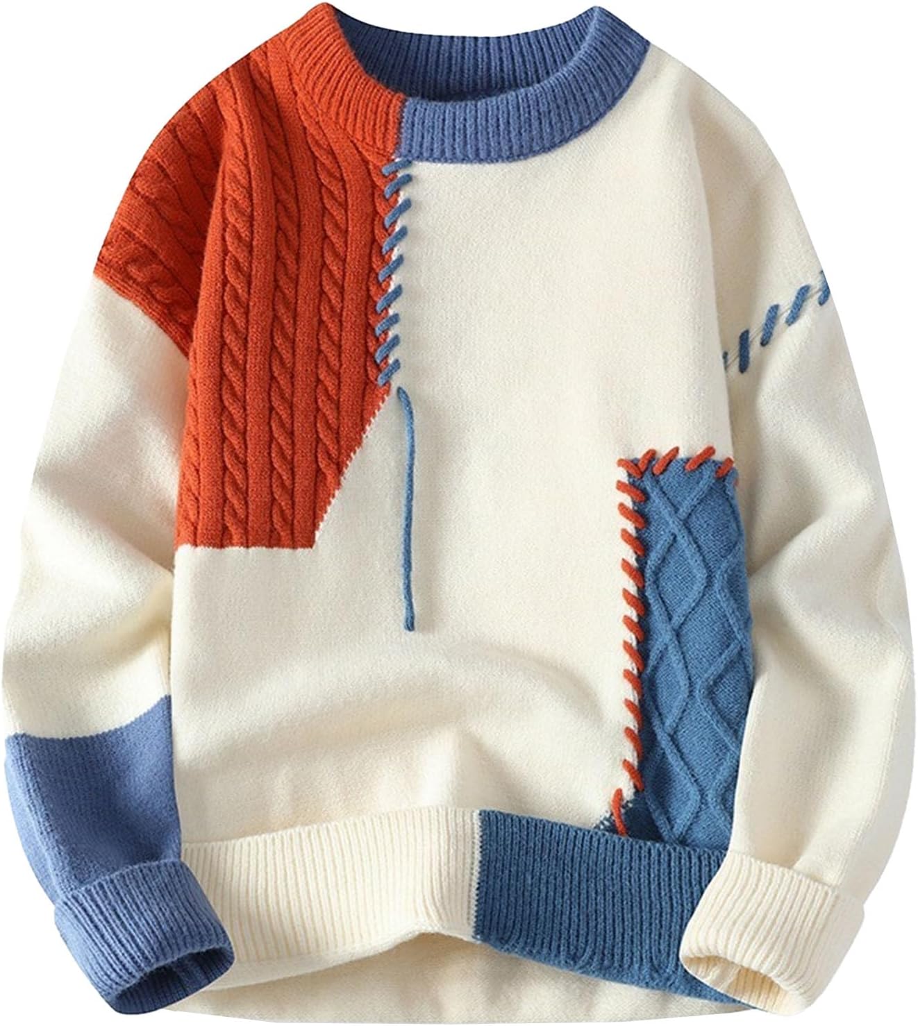 Men's Patchwork Sweater Colorblock Knit Jumper Cable Pullover Oversized Casual Varsity Knitwear Winter Outwear