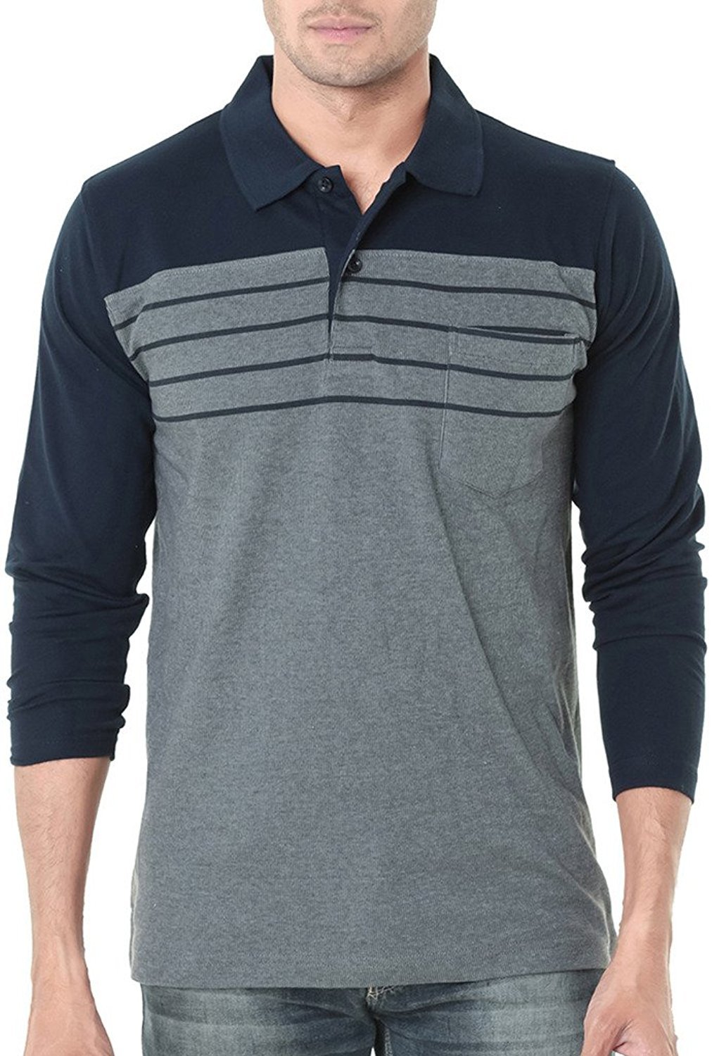 SCATCHITE Men's Cotton Polo T-Shirt (Navy Blue and Grey Melange, XL)