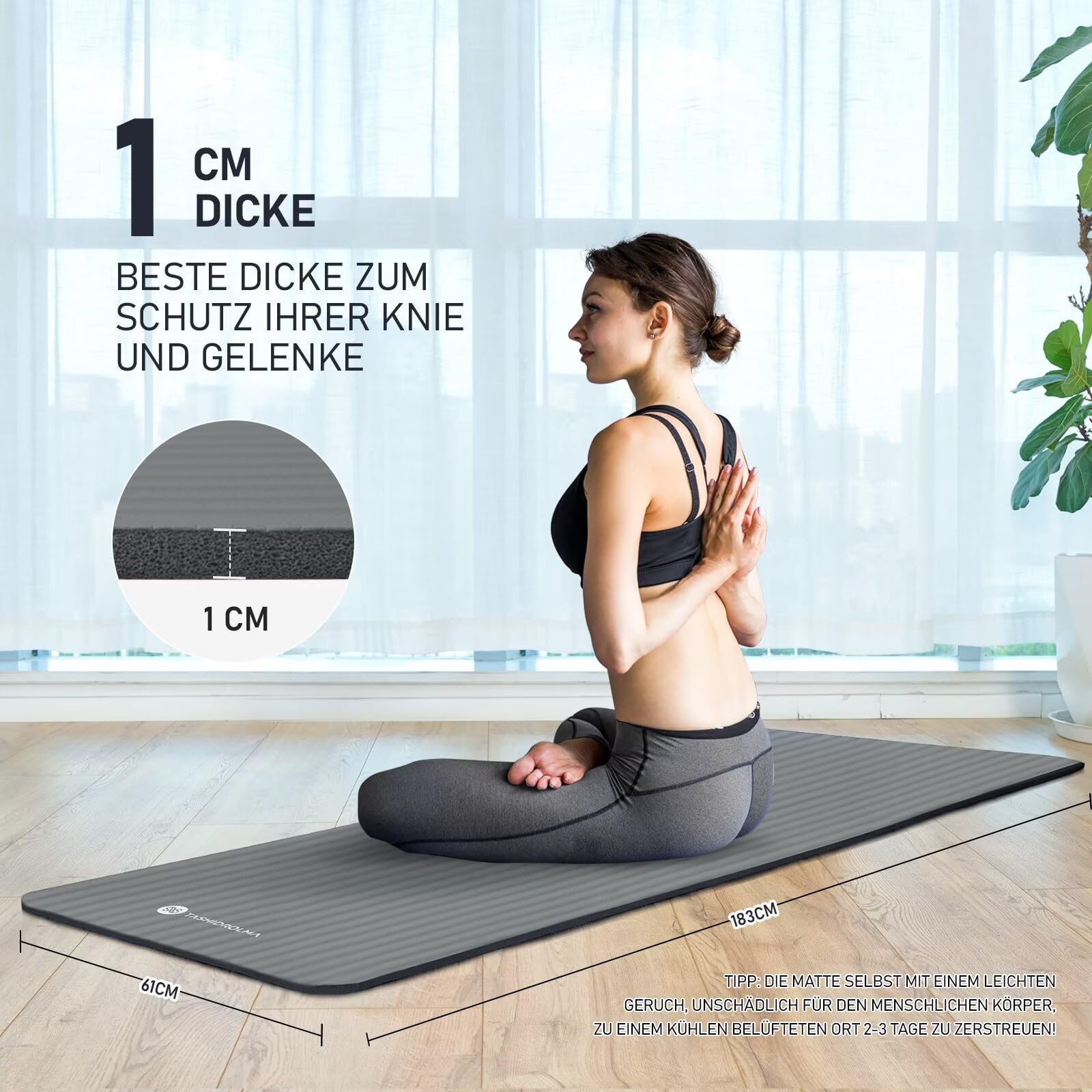Yoga Matte Dicker, NBR Yogamatte Rutschfest Mit Tragegurt, Für Gymnastikmatte, Fitnessmatte, Sportmatte, Trainingsmatte, Dicke 1cm (183x61cm)
