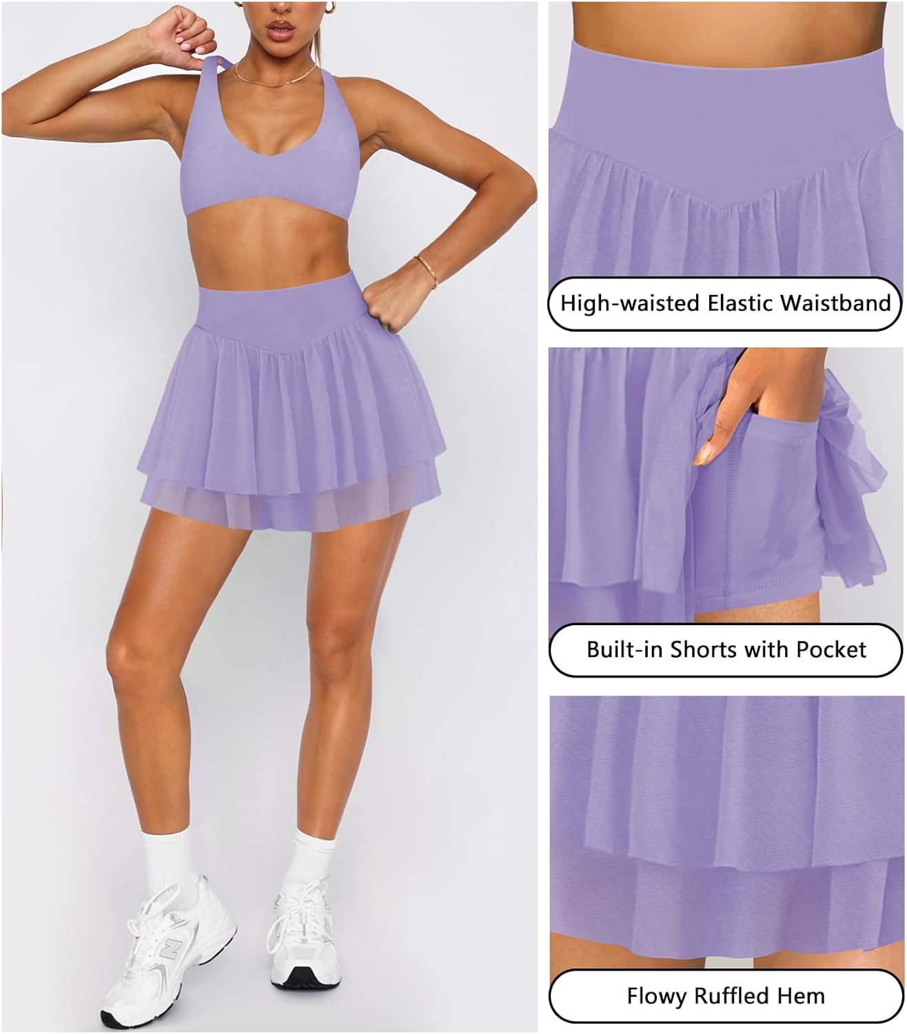 Womens Mini Pleated Skirt Skort Flowy High Waisted Ruffle Tennis Athletic Skirt for Women with Shorts Underneath Pocket - Image 4