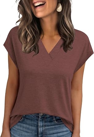 Womens Summer Tops Casual Spring V Neck T Shirts Cap Sleeve Basic Trendy Blouses Beach Vacation Clothes Fashion Outfits 2026