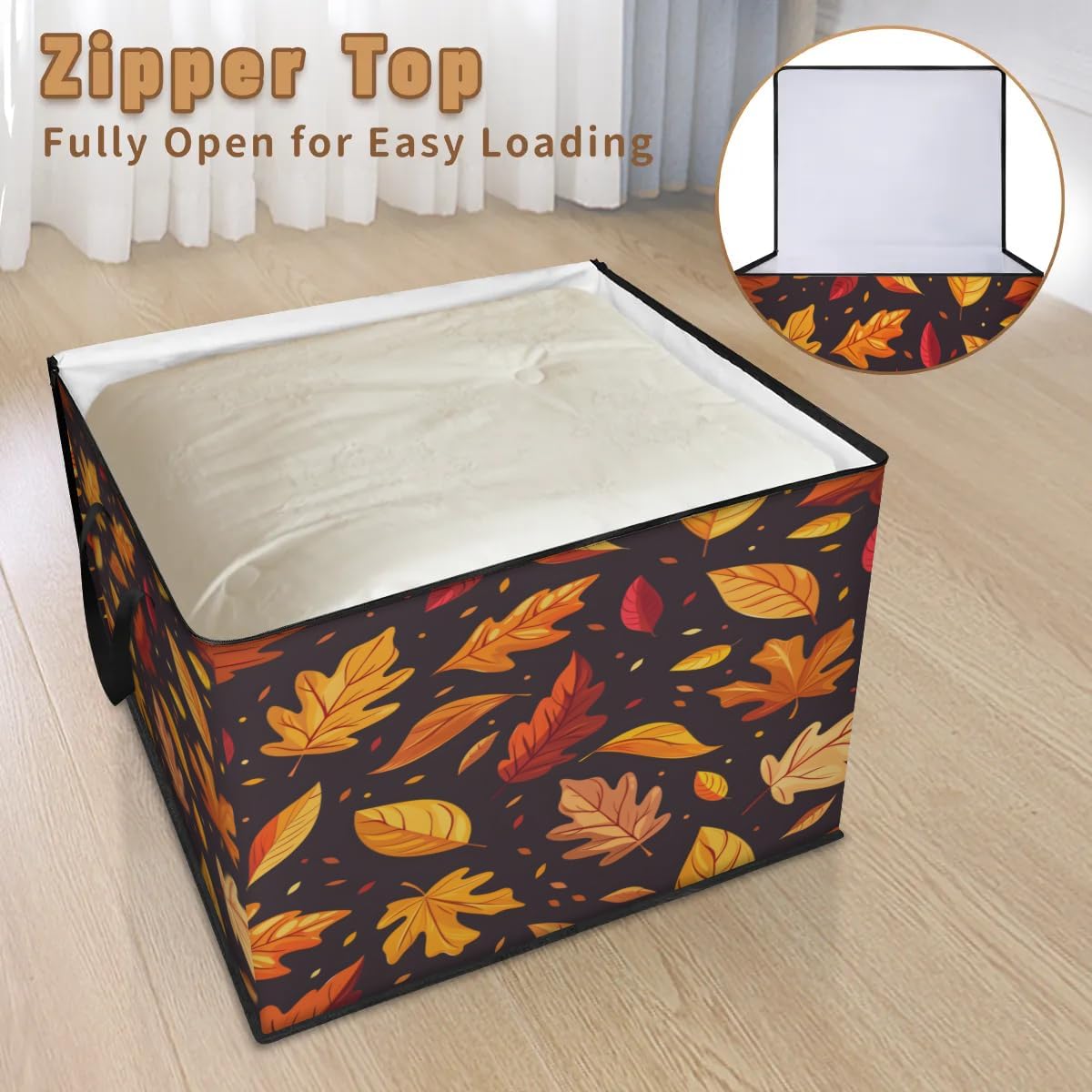 Honeybaby 214L Extra Large Comforter Storage Bag Leaves Fall Storage Totes with Lids Waterproof Closet Organizer Folding Blanket Storage Bags for Clothes Bedding Pillows