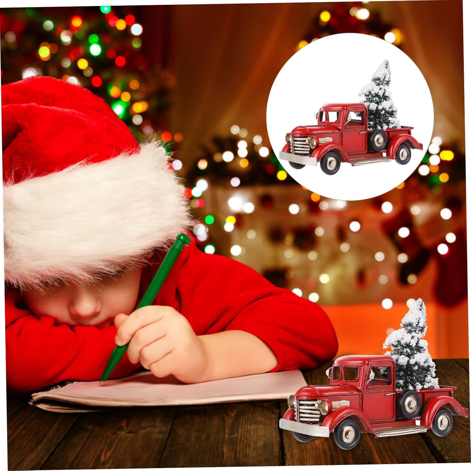 Happyyami Christmas Vintage Truck Ornament Iron Model with Xmas Tree Rustic Pickup Car Decoration for Holiday Environmental Protection Figurine
