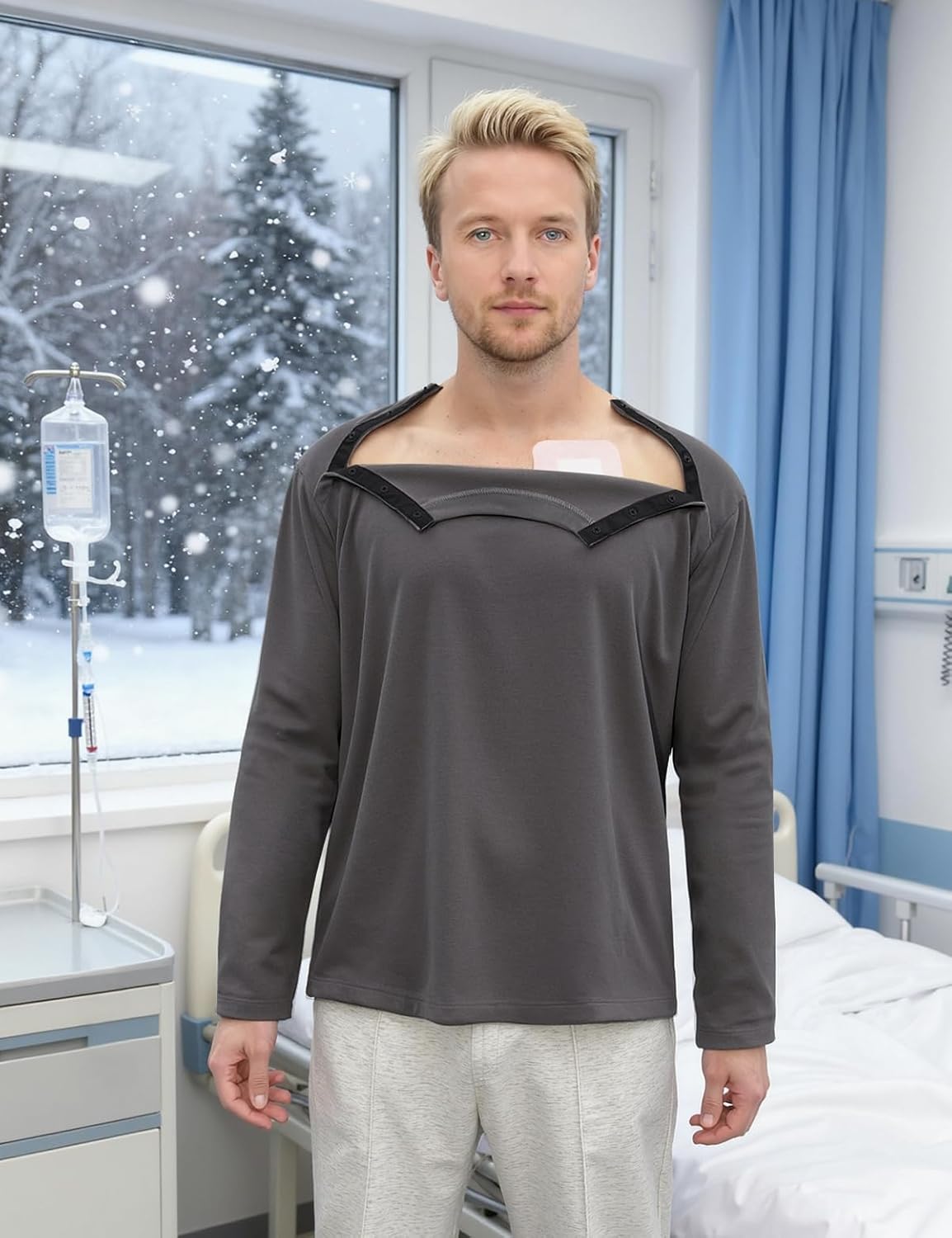 Chemo Port Thermal Shirts for Men Fleece Lined Thermal Layer Post Shoulder Surgery Recovery Shirts Chemotherapy Clothing