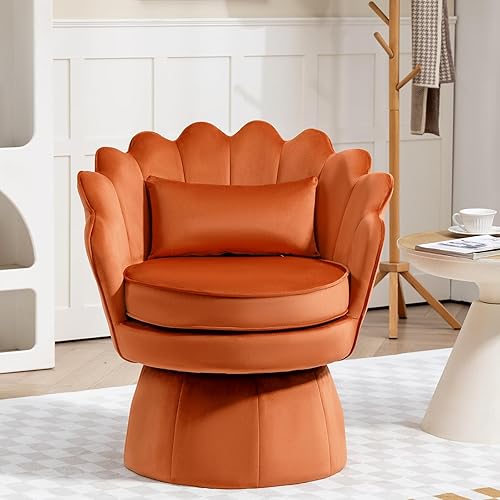 Silla giratoria de 360, silla de barril de terciopelo moderna de mediados de siglo, cómoda silla con brazo en forma de concha con almohada lumbar