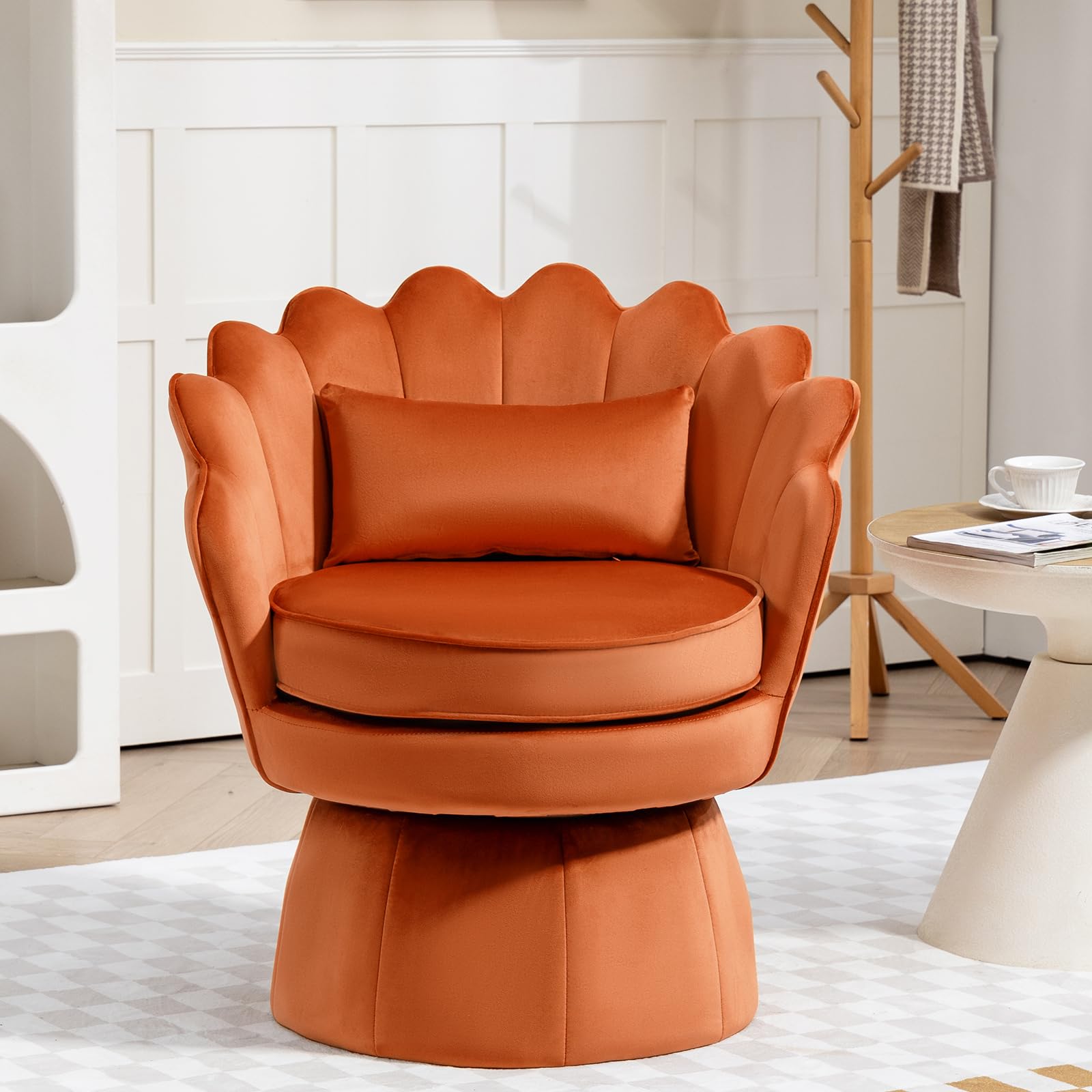 ZJhome 360° Swivel Accent Chair, Mid-Century Modern Velvet Barrel Chair, Comfy Shell Shape Arm Chair with Lumbar Pillow for Living Room, Bedroom,