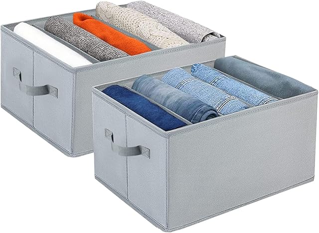 Wardrobe Storage Organiser, 2PCS Drawer Organiser for Folded Clothes with Handle Foldable, Clothes Storage Box for Over Size Jeans T-shirt Pants Sweater