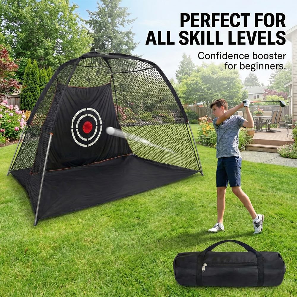 Large Golf Hitting Net for Backyard: 10ft Wide Cage with Noise-Reducing Velvet Target - Heavy Duty 420D Oxford Garage Indoor Swing Training Aids
