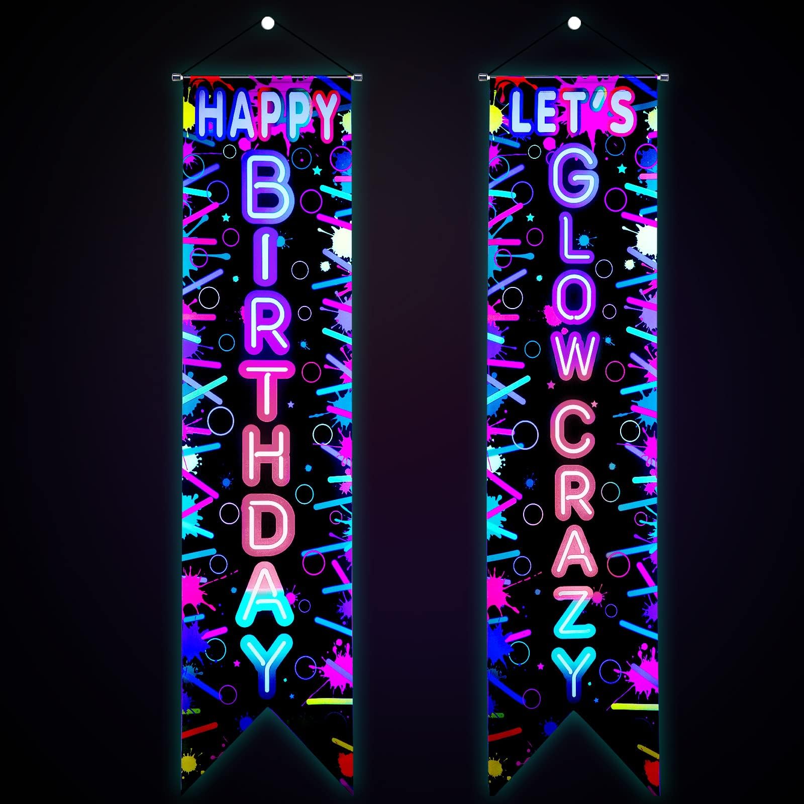 Tegeme 2 Pcs Glow Party Decorations Banner Neon Happy Birthday & Let's Crazy Porch Sign for Black Light, Glow in The Dark Door Banner for Birthday Rave Supplies Neon Theme Decor