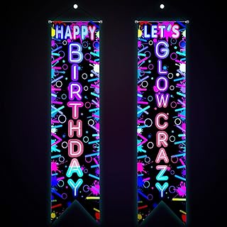 Tegeme Glow in the Dark Party Supplies Neon Happy Birthday Banner Crazy Porch Sign Glow Party Backdrop for Black Light Neon Themed Birthday Party Decorations