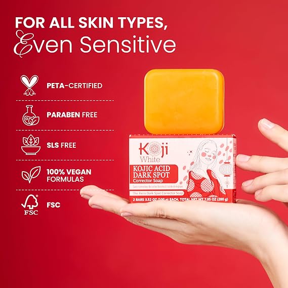 Koji White 4% Kojic Acid Dark Spot Corrector Soap for Sensitive Skin - Moisturizes with Vitamin C, Licorice Root Extract, Hydrating & Even Tone Cleansing Bar for Face & Body, Vegan, 3.52 Oz (2 Bars)