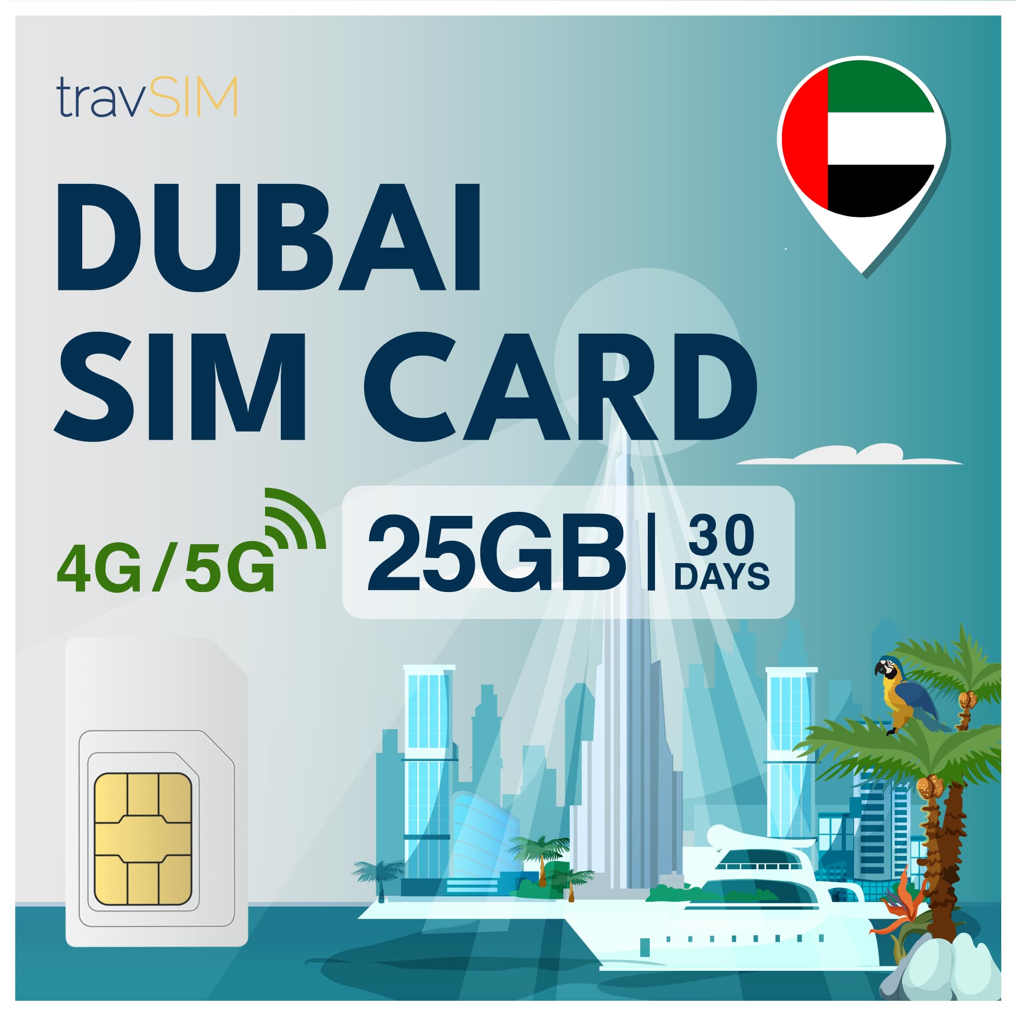 travSIM Tarjeta SIM para Dubai | 30 días – 25 GB de datos SIM | Datos de alta velocidad 5G/4G | Acceso ilimitado a Internet para Google, Facebook, Whatsapp, Instagram y más