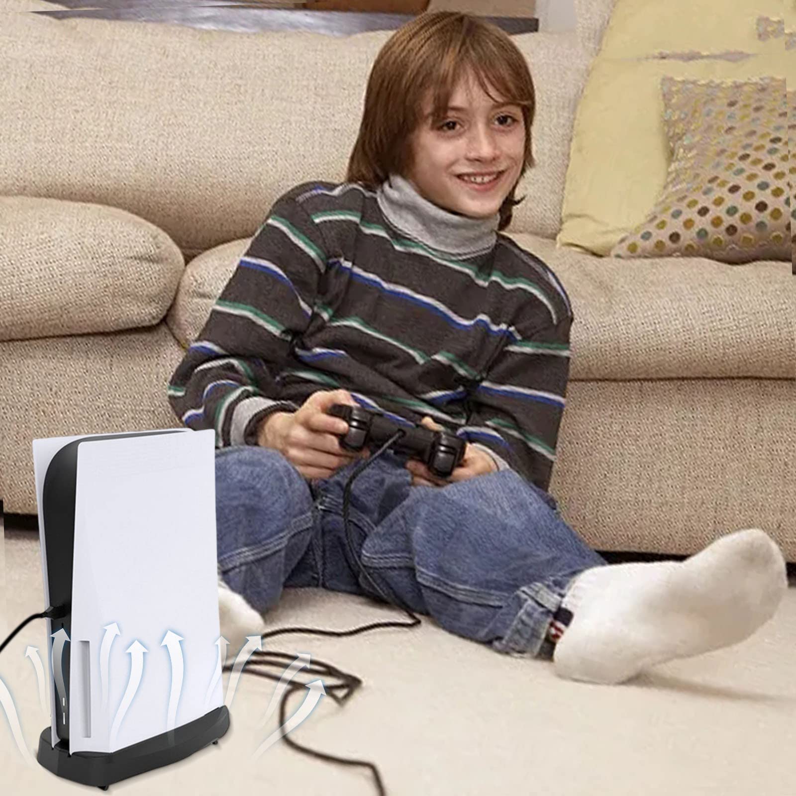 Soporte Vertical for PS5 con Ventilador y Cargador Doble for mandos, Base de estación for 5 Consolas PS5, Ventilador Ajustable de Velocidad UHD T0/1/1