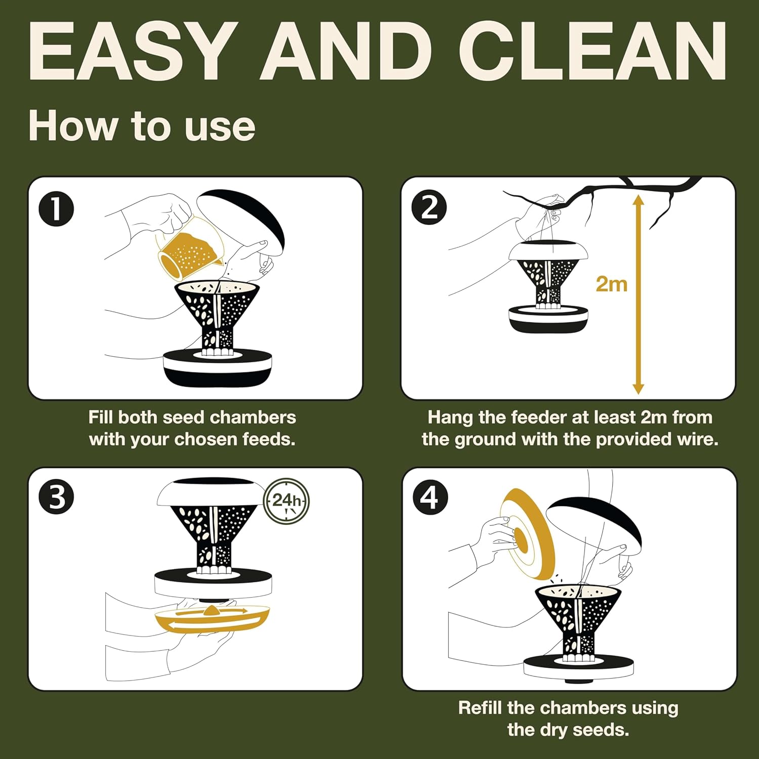 SWISSINNO Bird Feeders - No Mess Hanging Bird Feeder for Outdoors - Smart Birds Davos Spill Proof Wild Cardinal & Small Bird Feeder with Integrated Seed Catcher Tray - Dual Chamber - Green