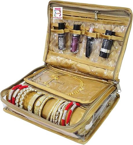 Miniatura 3 de atorakushon Caja organizadora de viaje para joyas, transparente, con cremallera, para collares, aretes, anillos, pulseras, dorado