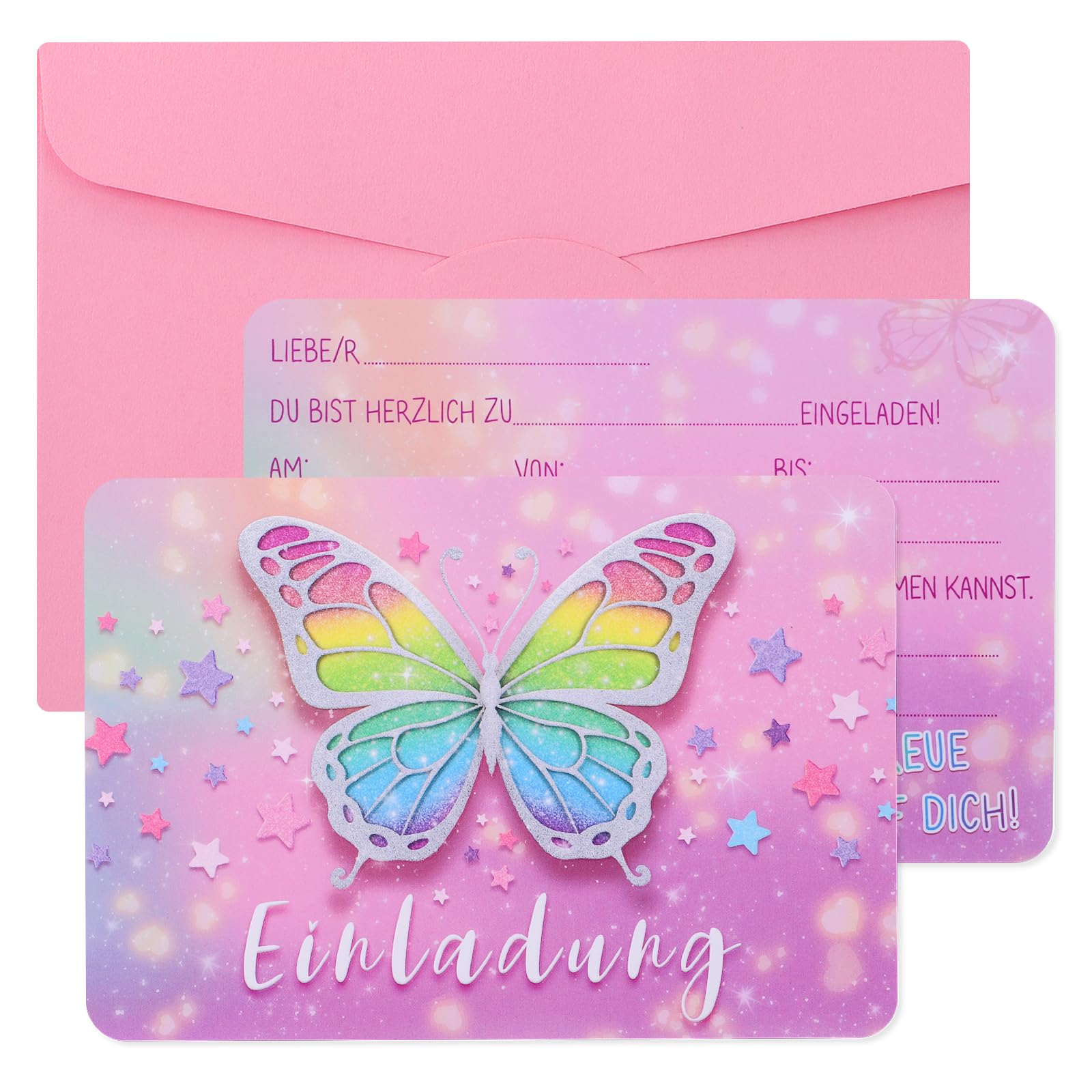 woric 12 Stück Einladungskarten Kindergeburtstag, 15 x 10,5 cm Einladungskarten Schmetterlingen mit 12 Umschläge Geburtstagseinladungen Kinder Partyeinladungen für Mädchen Jungen