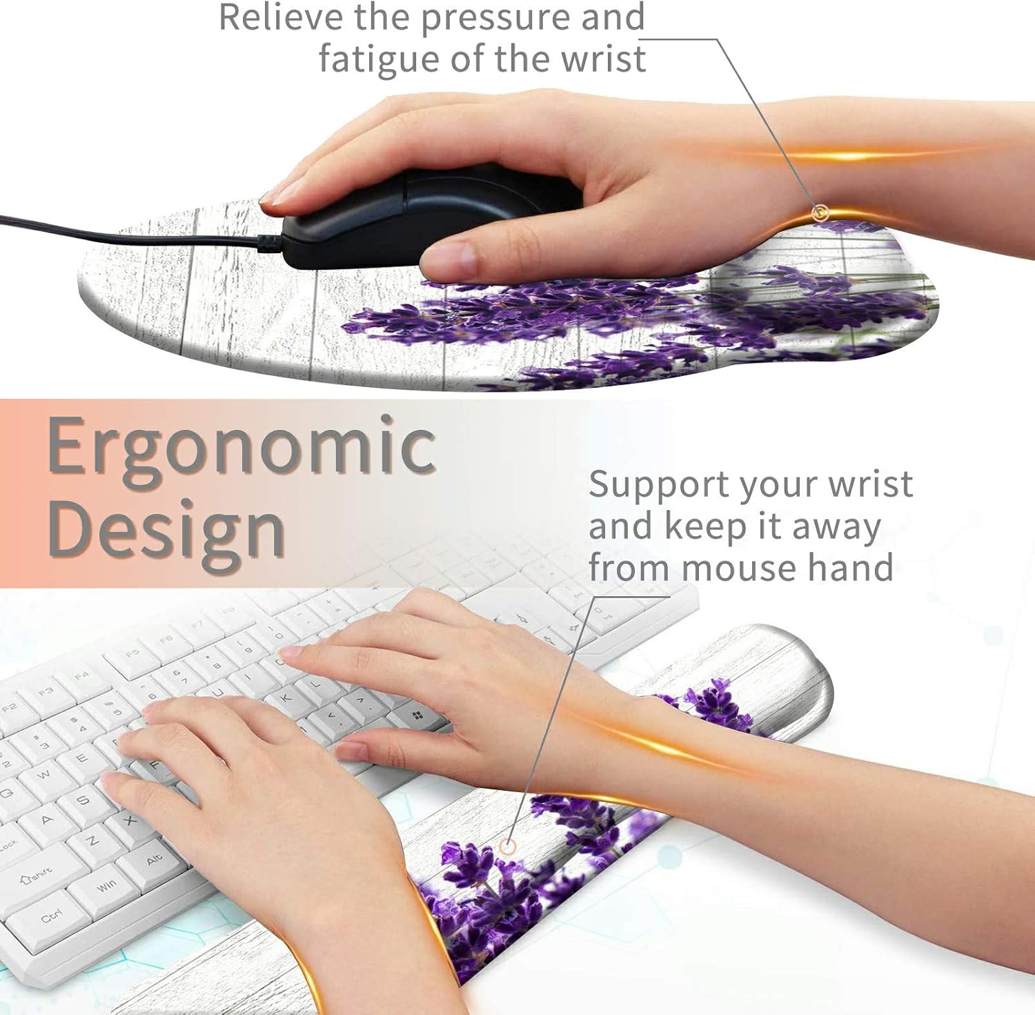 Keyboard Wrist Rest Pad and Mouse Pad Wrist Rest Support Set, Ergonomic Gaming Mousepad Durable Smooth Surface Non-Slip Base Purple Lavender Design for Computer Laptop Home Office + Cute Coasters