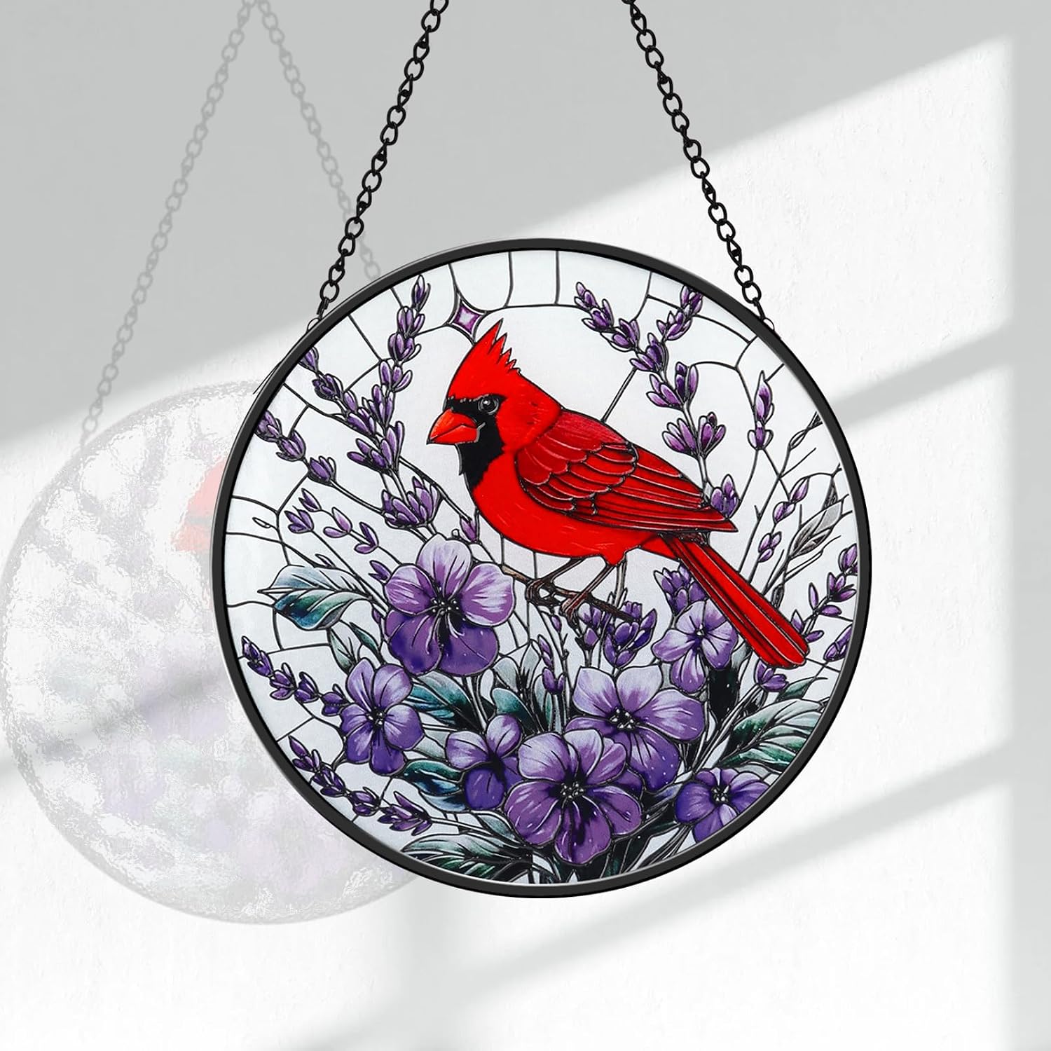 Stained Glass Window Hanging, Cardinal on a Purple Flower Sun Catcher for Window Door Home Decor Suncatcher Decor for Christmas Mother's Day Birthday Gifts for Women Men Mom and Nana 7.87 inch
