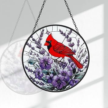 Stained Glass Window Hanging, Cardinal on a Purple Flower Sun Catcher for Window Door Home Decor Suncatcher Decor for Christmas Mothers Day Birthday Gifts for Women Men Mom and Nana 7.87 inch