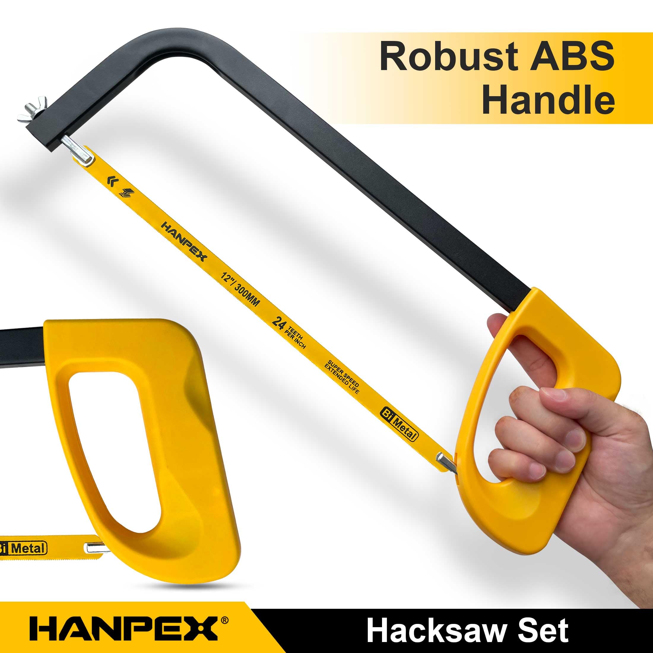 Hanpex Marco de sierra de alta tensión de 12 pulgadas con 10 cuchillas bimetálicas adicionales, sierra de mano adecuada para metal, madera, PVC, carpintería
