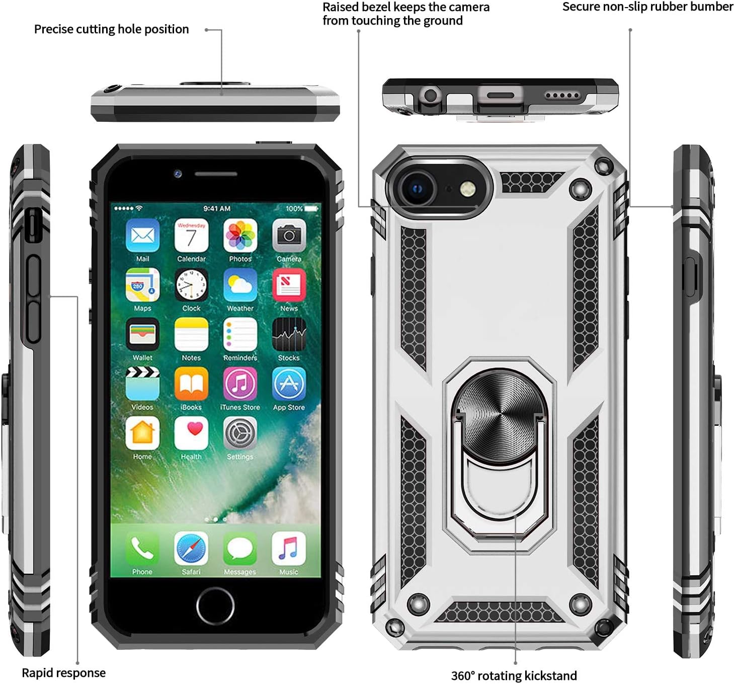 LeYi for iPhone SE Phone Case 2022/2020, iPhone Case SE with [2Pack] Tempered Glass Screen Protector, [Military-Grade] Protective Phone Case with Magnetic Ring Kickstand for iPhone SE, Silver image 2