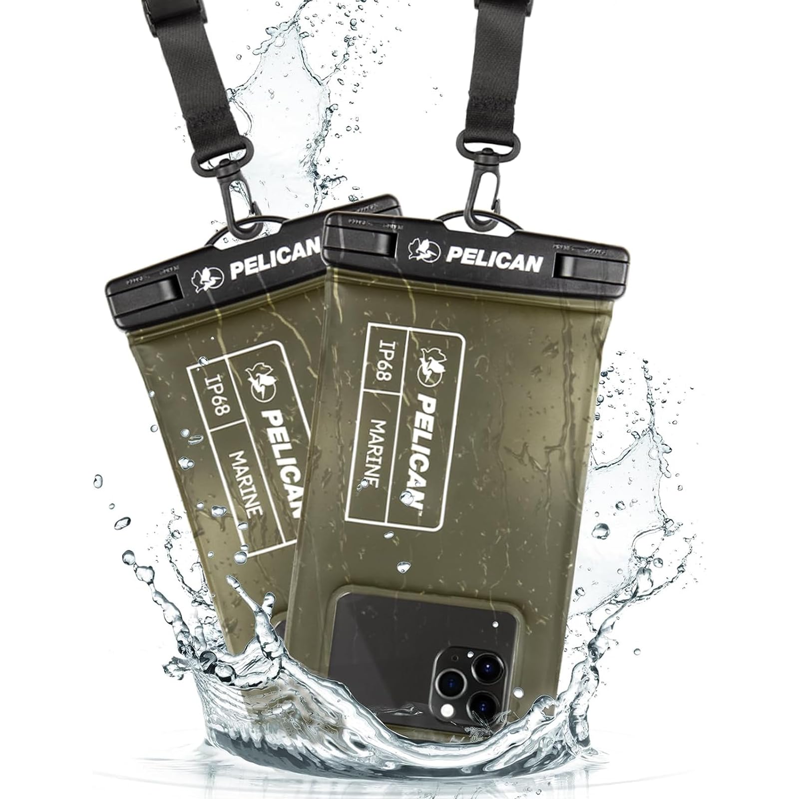 Pelican 2 Pack Marine - IP68 Waterproof Phone Pouch/Case (Regular Size) - Floating Waterproof Phone Case for iPhone 15 Pro Max / 14 Pro Max / 13 Pro Max / 12 / S24 - Detachable Lanyard - OD Green