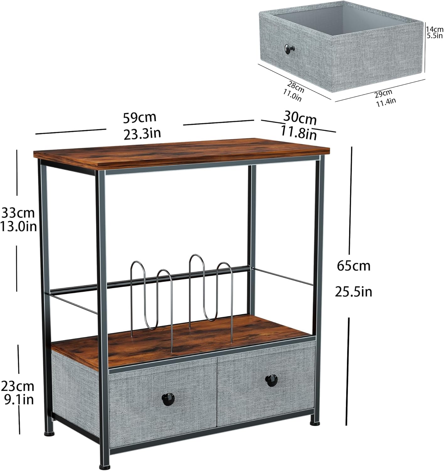 DALEMHOME Record Player Stand with Vinyl Storage, 2-Tier Record Shelf Table with Fabric Drawer, Holds Up to 110 Vinyl Records, Record Player Table for Turntable and Albums, 23.62"D × 11.81" W× 25.59"H