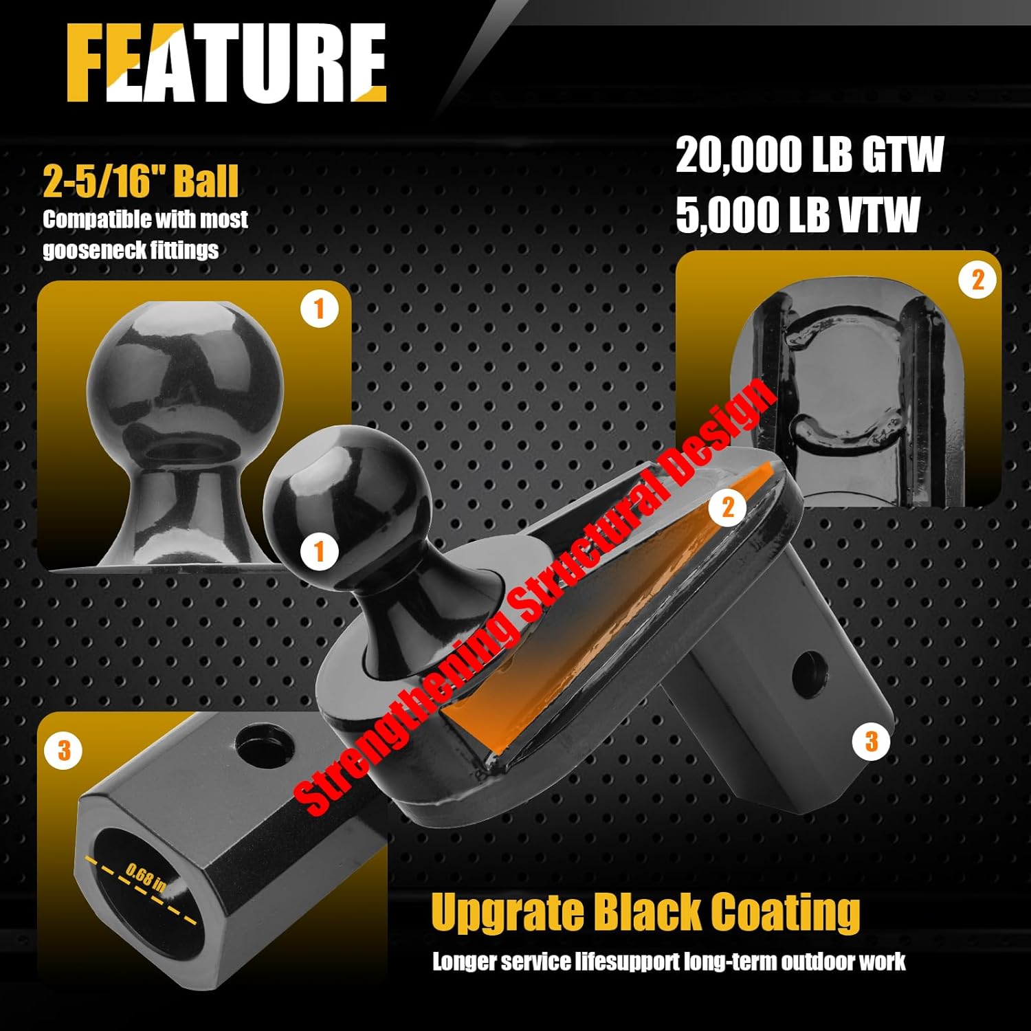 GNXA4085 6" Offset Ball - for Gooseneck Trailer Hitches, Heavy Duty Extender, 20000 lbs GTW/5000 lbs VTW, 2-5/16" Diameter, with 4 Polyurethane washers, Black