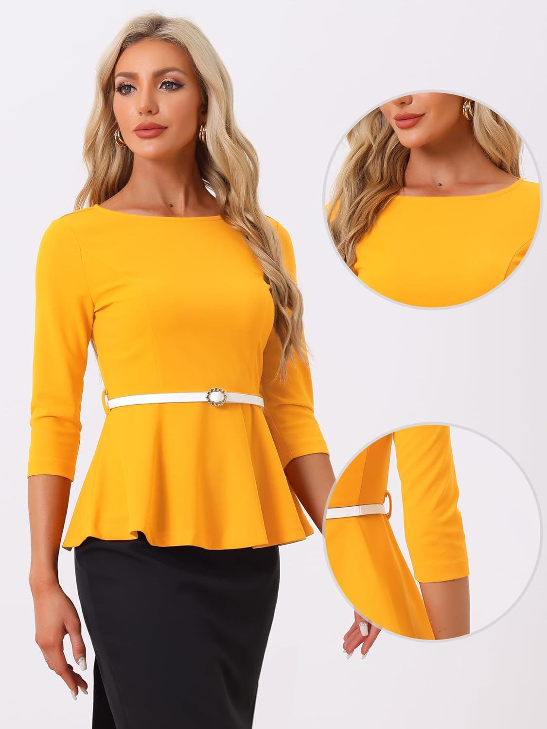 Allegra K Peplum Tops for Women's 3/4 Sleeve Belted Business Work Dressy Casual Blouses - Image 2
