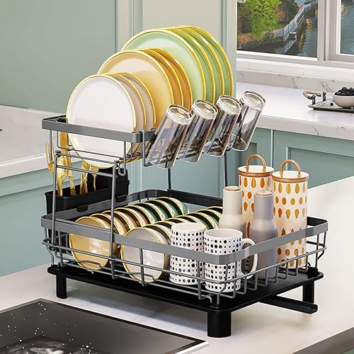 Miniatura 5 de Escurridor de platos con juego de escurridor, escurridor grande de 2 niveles con drenaje para encimera de cocina, escurridor de platos grande con