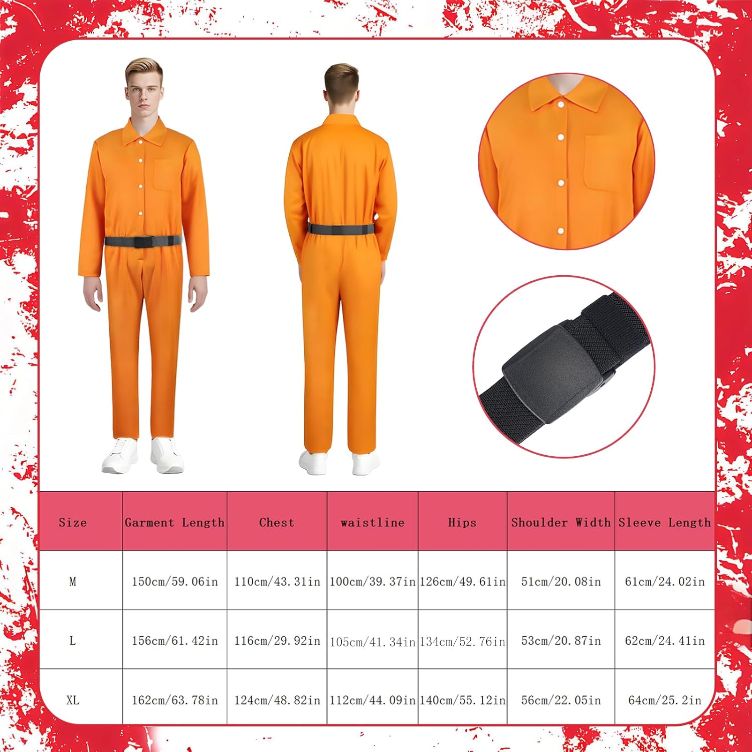 Halloween Prisoner Costume Men Orange Prison Jumpsuit Belt Props Handcuffs Criminal Cosplay Outfit for Adult - Image 4