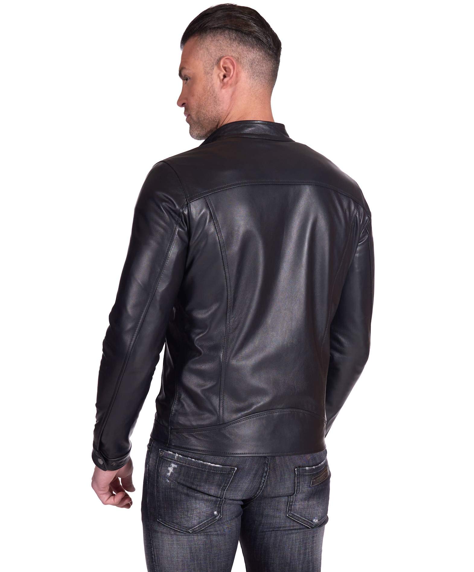 D'Arienzo Giacca Pelle Blu Uomo Giubbino Biker Vera Pelle Made in Italy Ted