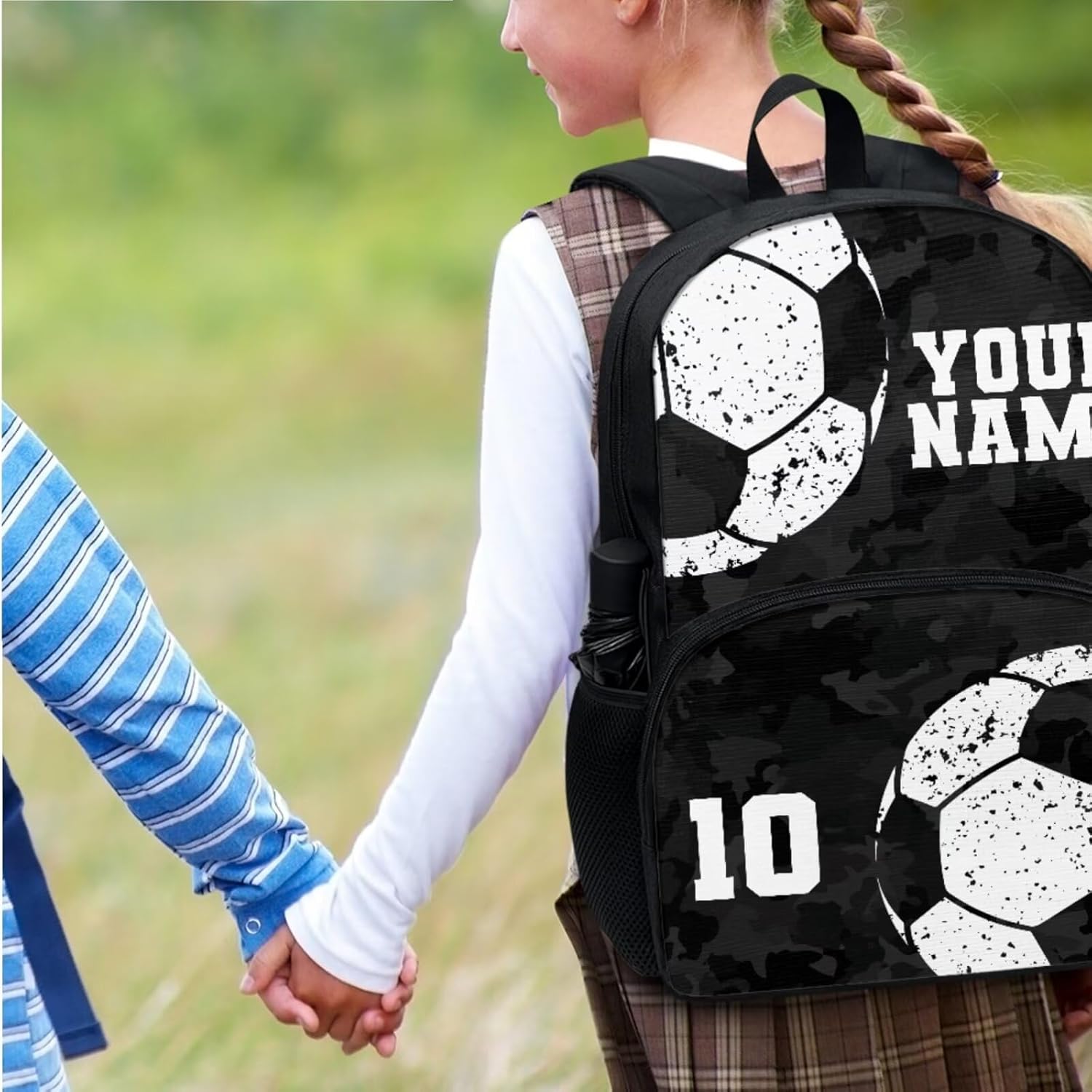 Suobstales Custom Soccer Print Backpack for Boys Girls School Bag with Lunch Bag and Pencil Case Set Black Camo Design Kids 3 in 1 Bookbag Back Packs Satchel Travel Daypack Rucksack