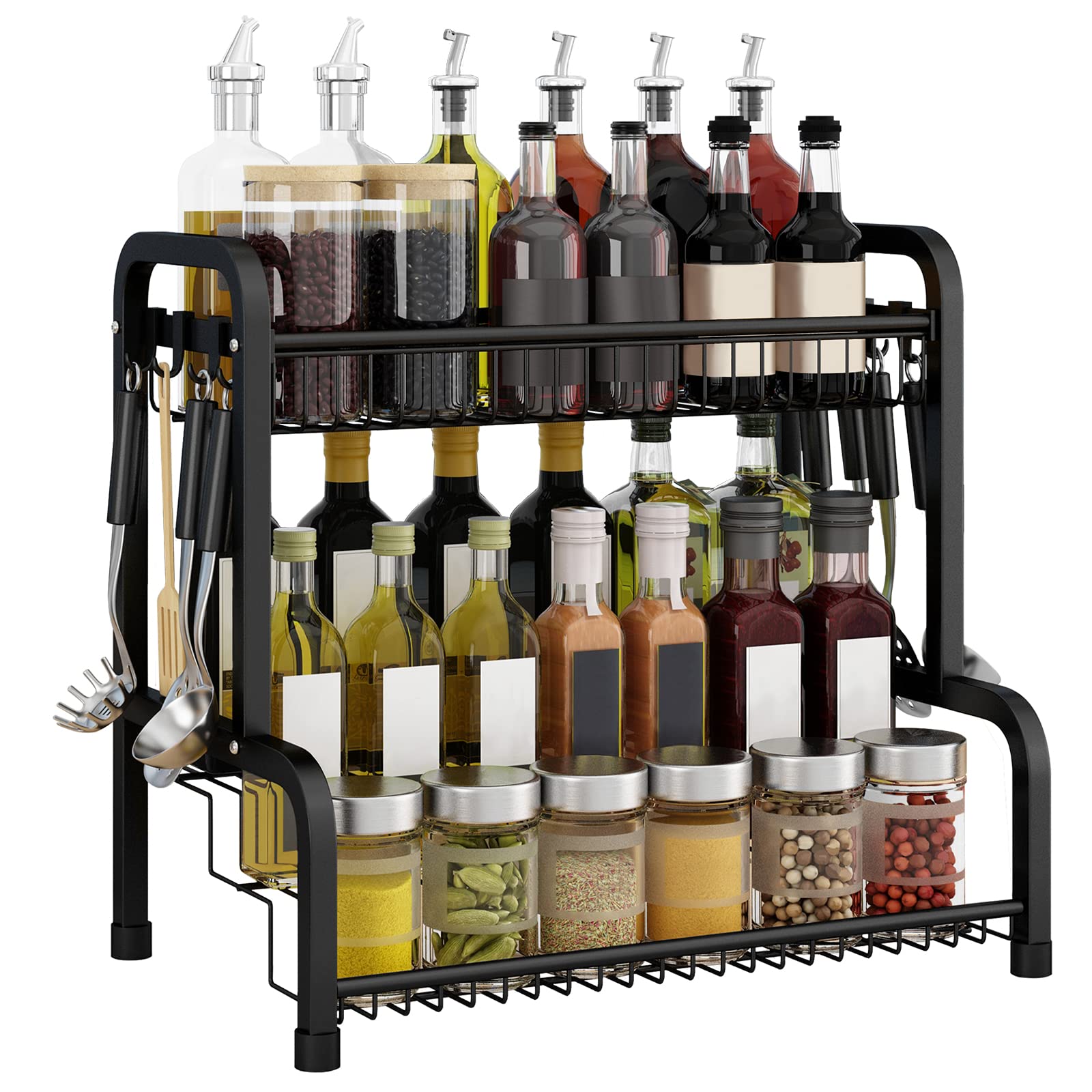 LARS360 Scaffale Portaspezie 4 Livelli In Acciaio Carbonio, Organizer Da Cucina A 45°, Per Barattoli, Bottiglie Olio, Dispensa - 35x20x52 Cm, Nero