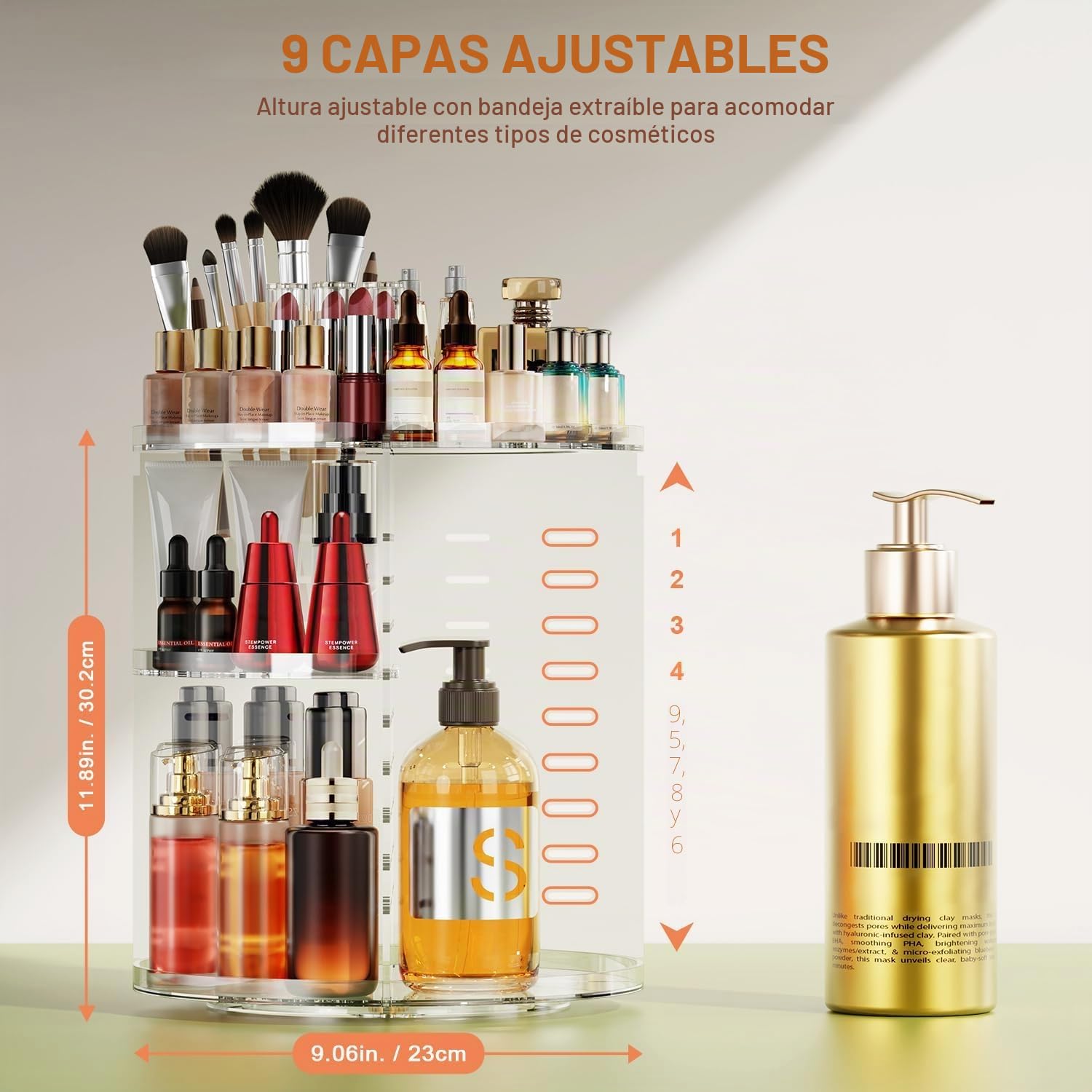 Auxmir Organizador de Maquillaje Giratorio 360, Organizador Perfumes y Cremas, Almacenaje Maquillaje con 9 Niveles Ajustables, para Pintalabios Brochas Baño Tocador, Gran Capacidad, Transparente