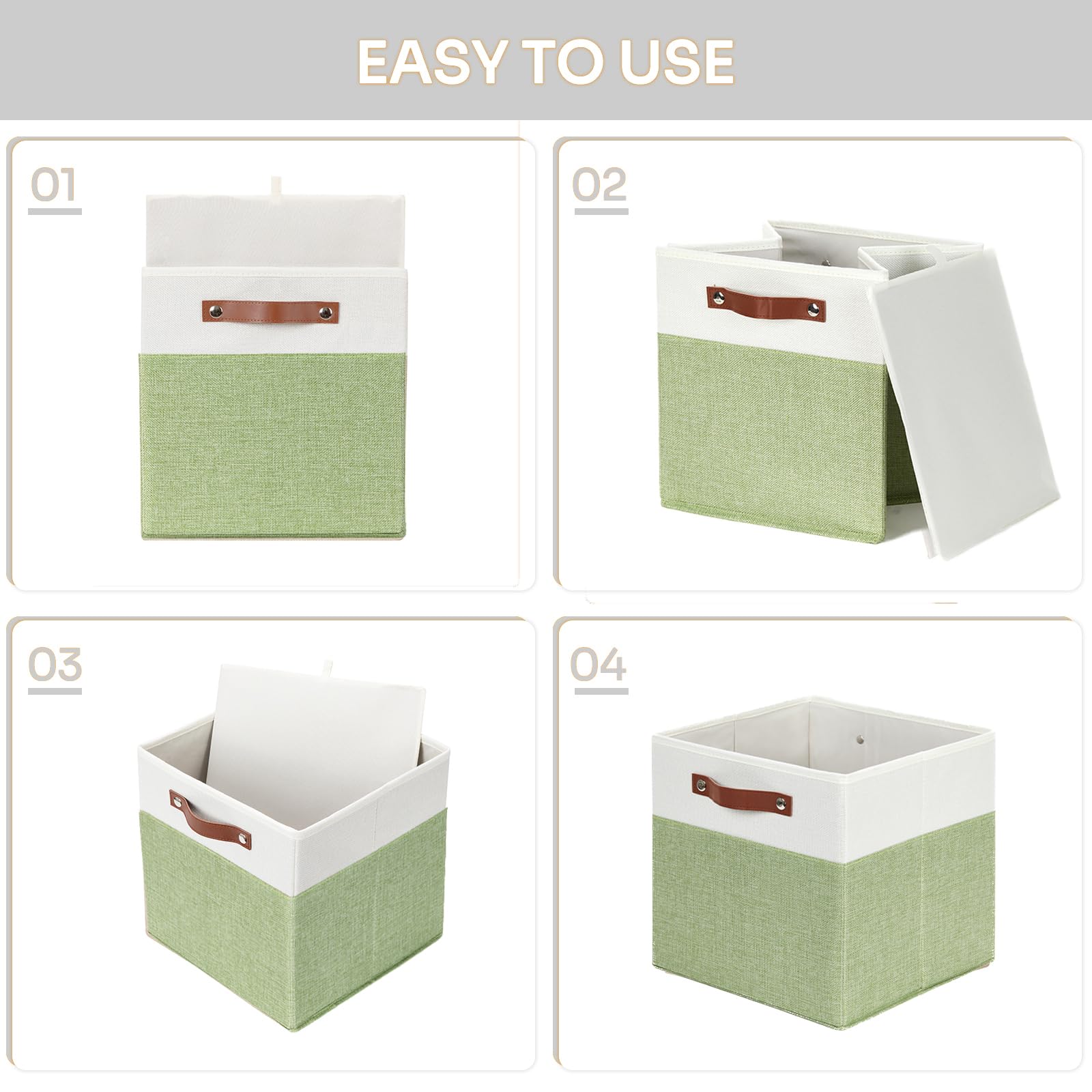 Set 4 Contenitori Cubici Portaoggetti In Tessuto 30x30x30 Cm - Pieghevoli, Con Manici In Pelle, Per Scaffali E Armadi (verde Acqua)