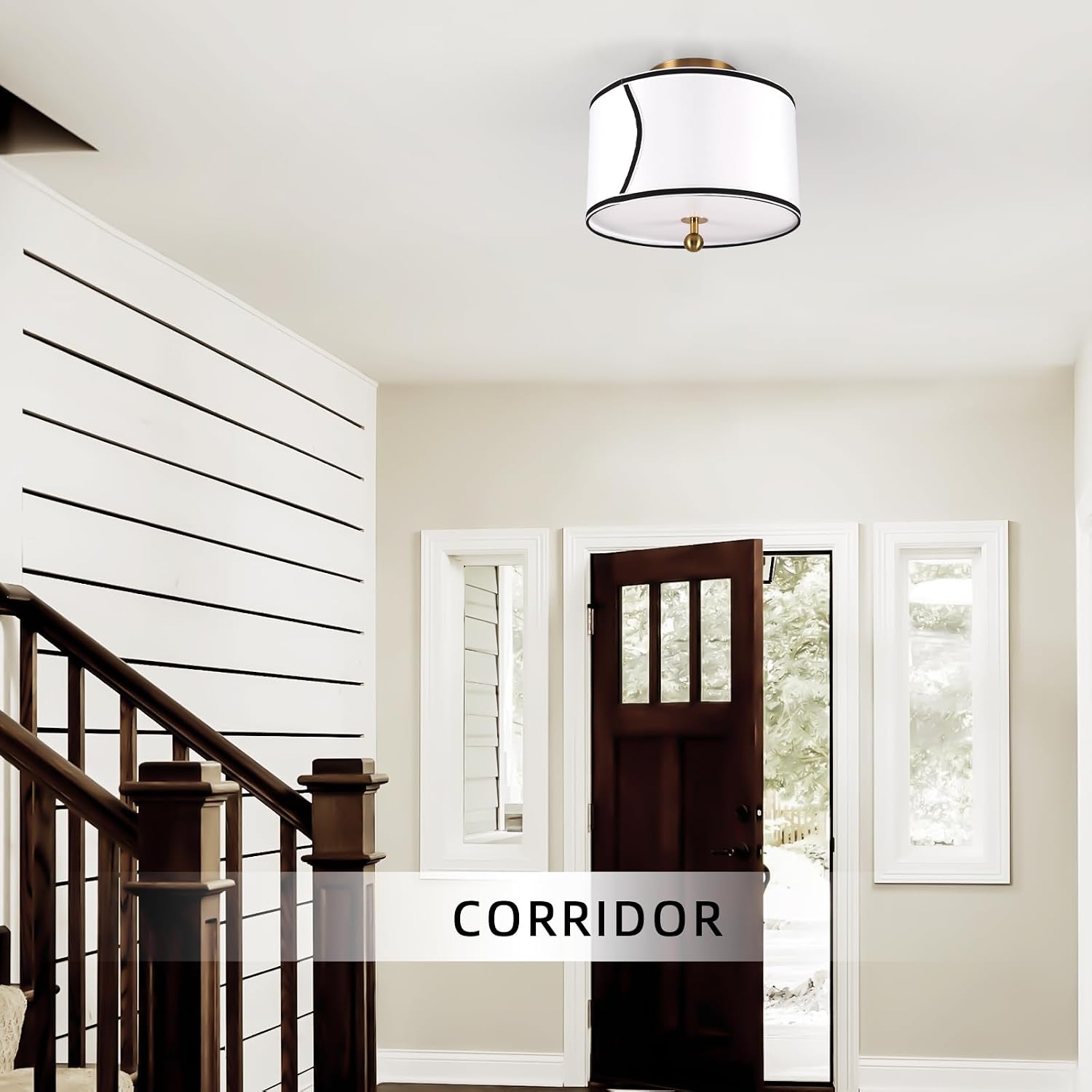 12.6" Drum-Shaped White Fabric Flush Mount Ceiling Light with 3-Light Fixture, Recessed Roll-in Installation, Ideal for Living Room, Bedroom, Bathroom, Farmhouse Foyer