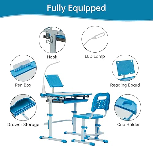 Miniatura 7 de Juego de escritorio y silla para niños, mesas de escritura de estudio escolar para niños con altura ajustable con escritorio inclinable, luz LED,